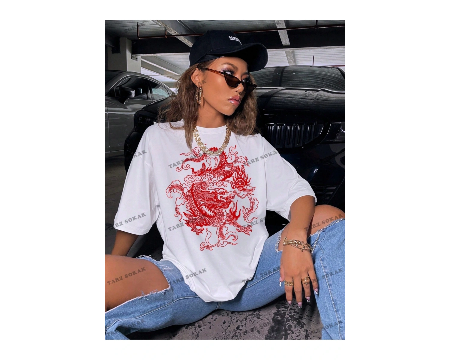 Unisex BAY  Ejderha Baskılı Düşük Omuz Kısa Kollu Tişört KOD-1349