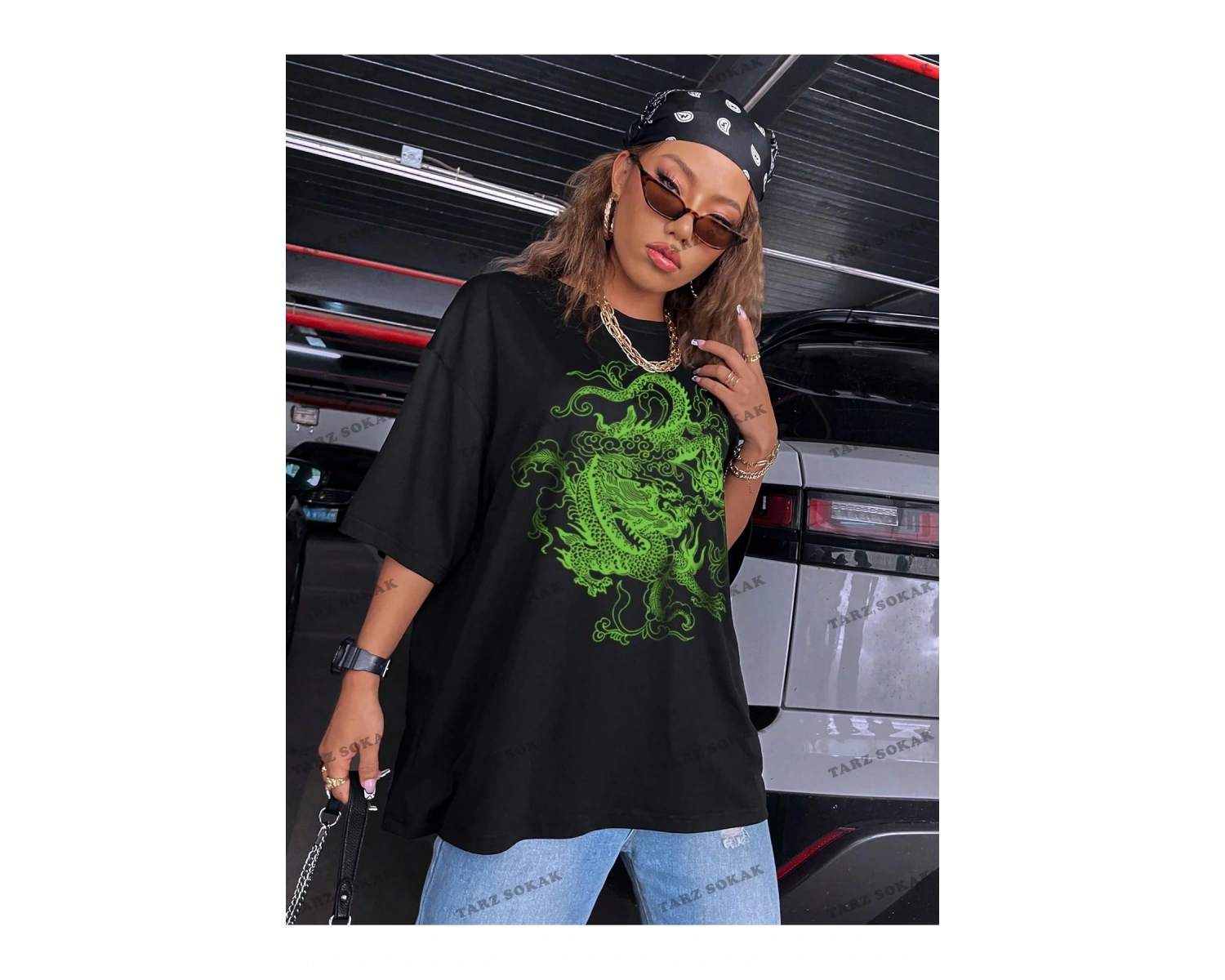 Unisex BAY  Ejderha Baskılı Düşük Omuz Kısa Kollu Tişört KOD-1349