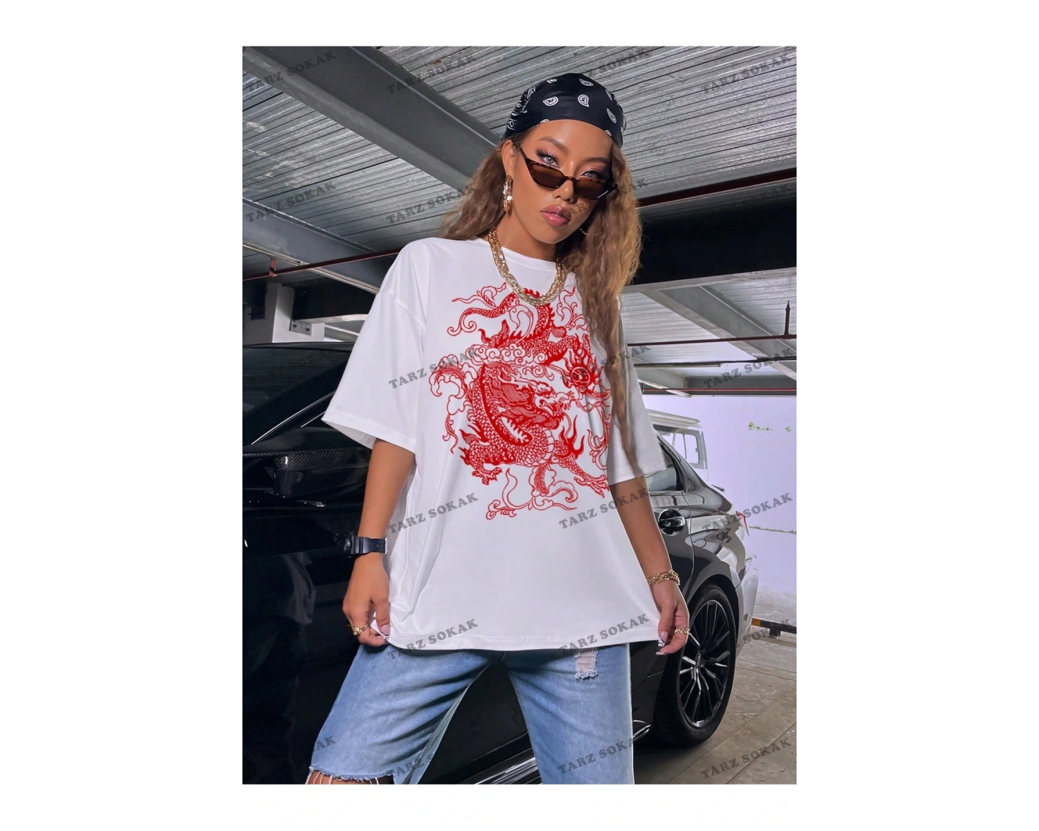 Unisex BAY  Ejderha Baskılı Düşük Omuz Kısa Kollu Tişört KOD-1349