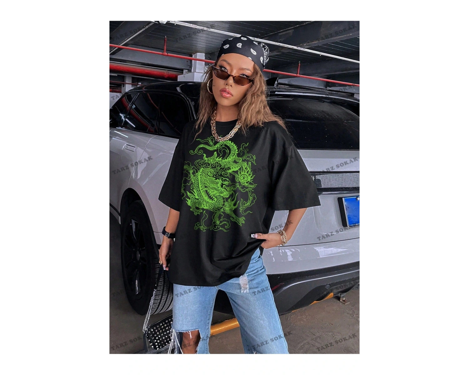 Unisex BAY  Ejderha Baskılı Düşük Omuz Kısa Kollu Tişört KOD-1349