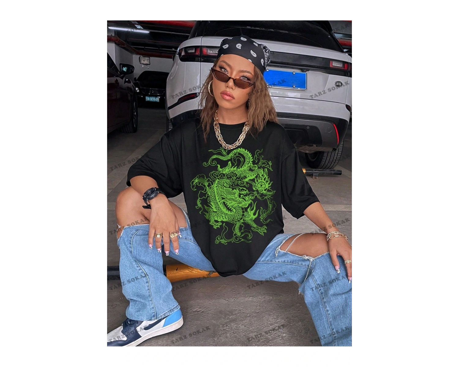 Unisex BAY  Ejderha Baskılı Düşük Omuz Kısa Kollu Tişört KOD-1349