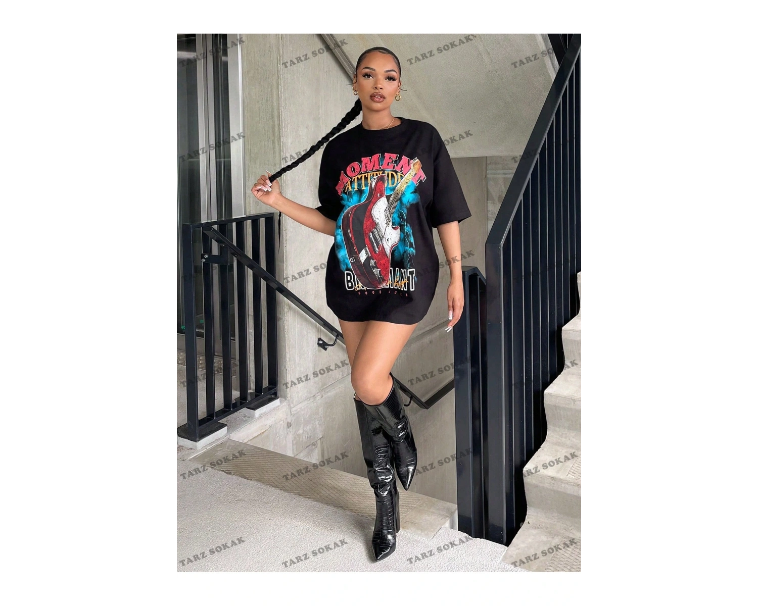 Unisex BAY  Gitar ve Harf Grafikli Düşük Omuz Tişört Bol Tişört Erkek Arkadaşı Stili  KOD-1312