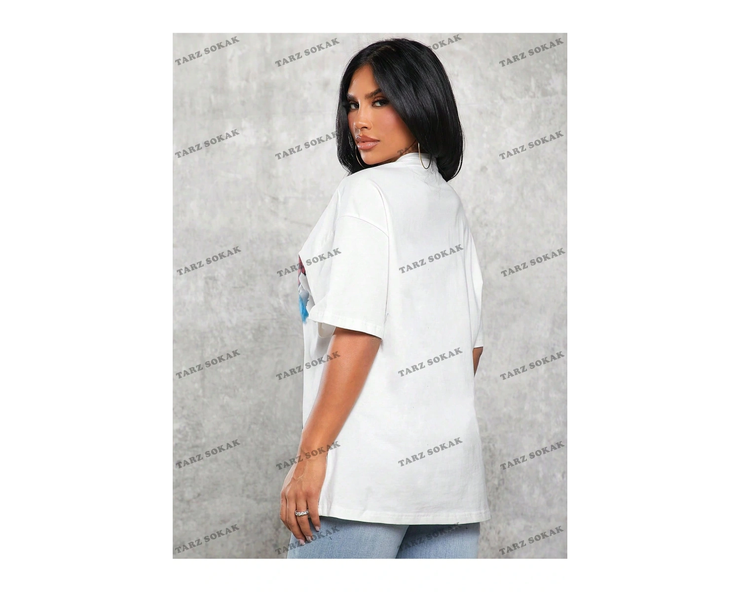 Unisex BAY  Gitar ve Harf Grafikli Düşük Omuz Tişört Bol Tişört Erkek Arkadaşı Stili  KOD-1312