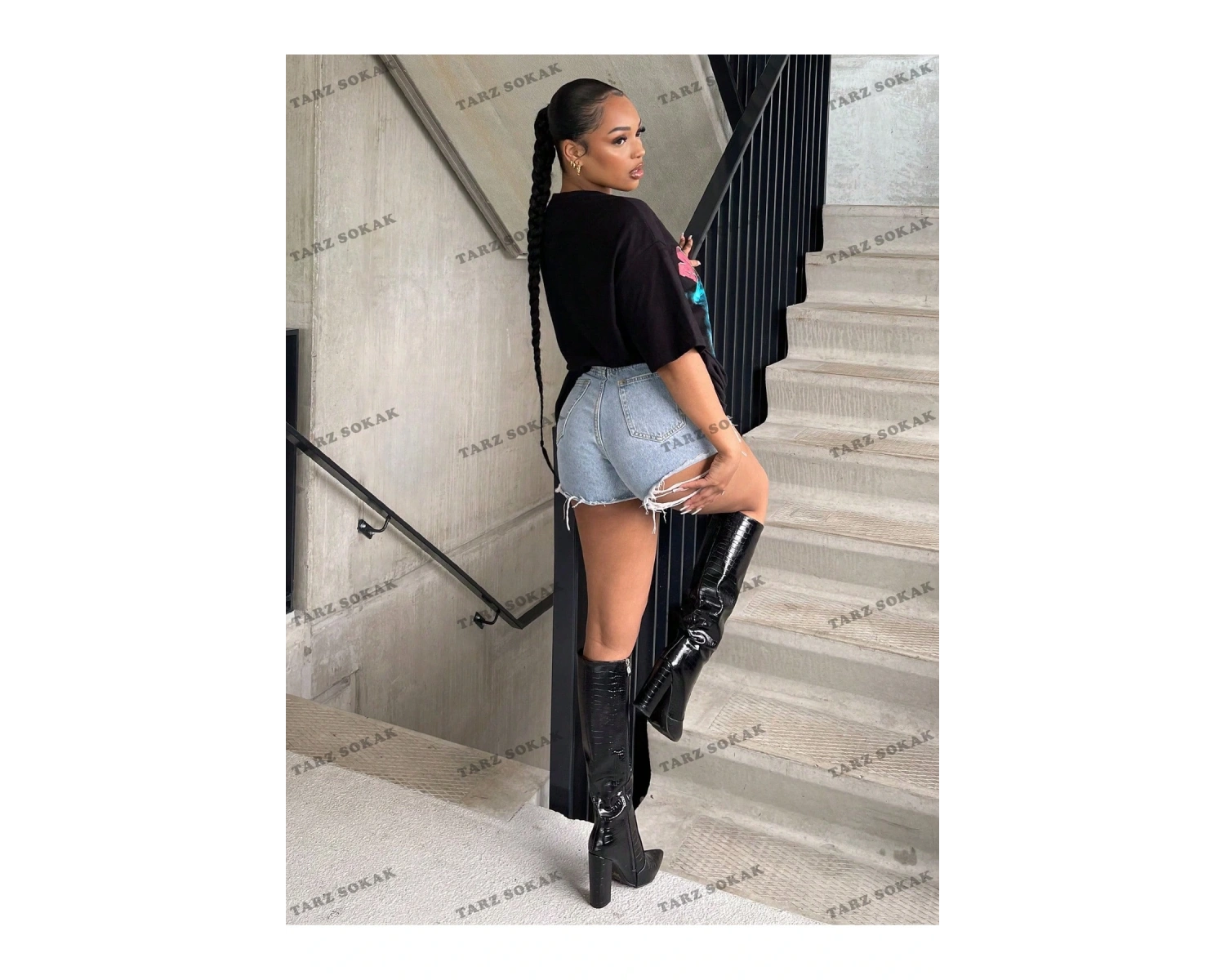 Unisex BAY  Gitar ve Harf Grafikli Düşük Omuz Tişört Bol Tişört Erkek Arkadaşı Stili  KOD-1312