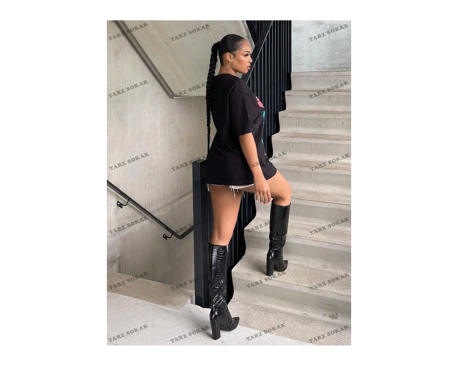 Unisex BAY  Gitar ve Harf Grafikli Düşük Omuz Tişört Bol Tişört Erkek Arkadaşı Stili  KOD-1312