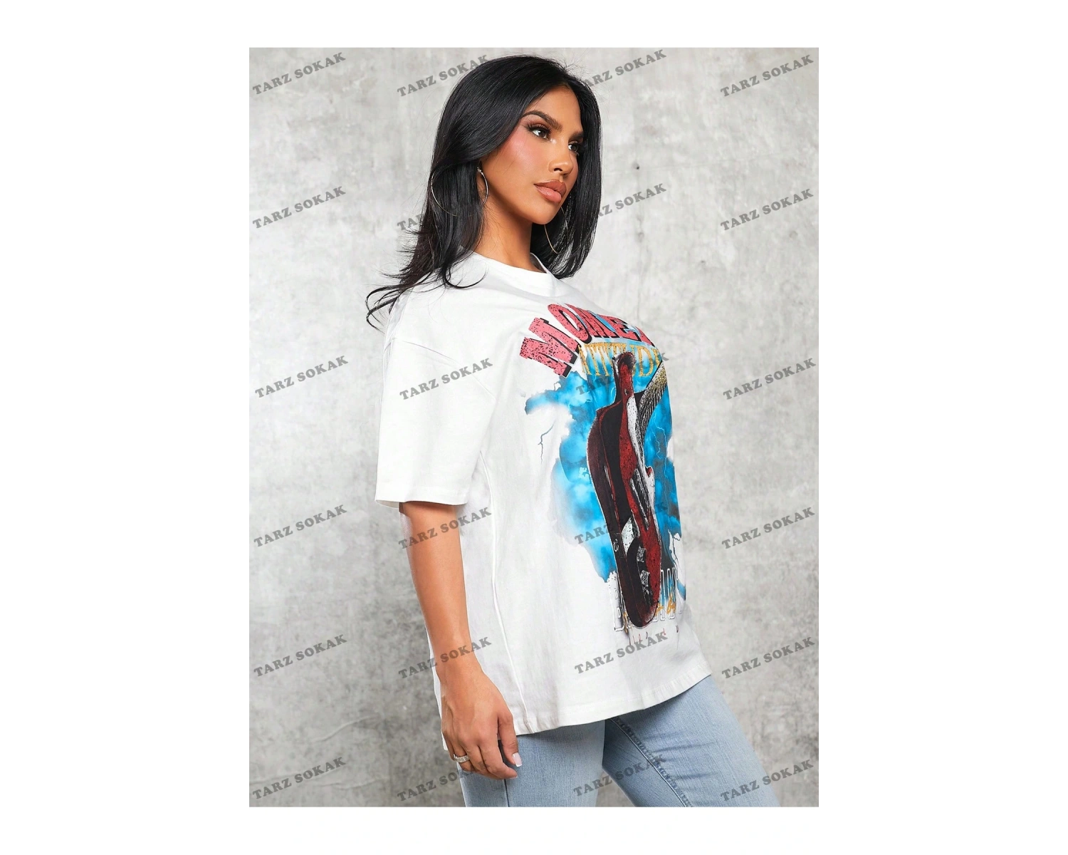 Unisex BAY  Gitar ve Harf Grafikli Düşük Omuz Tişört Bol Tişört Erkek Arkadaşı Stili  KOD-1312