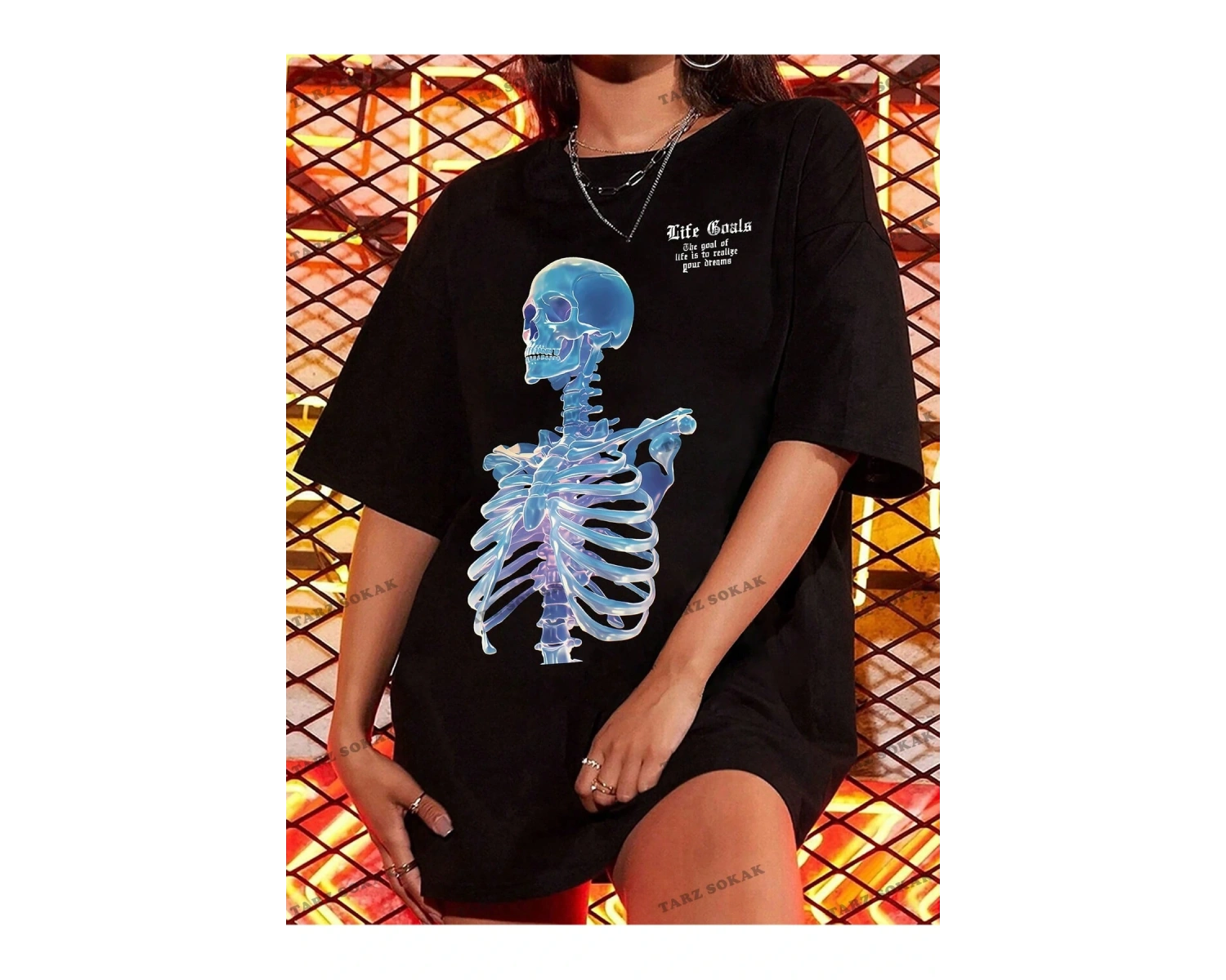 Unisex BAY  Goth Kadın Kafatası Desenli Damla Omuz T-shirt KOD-1368