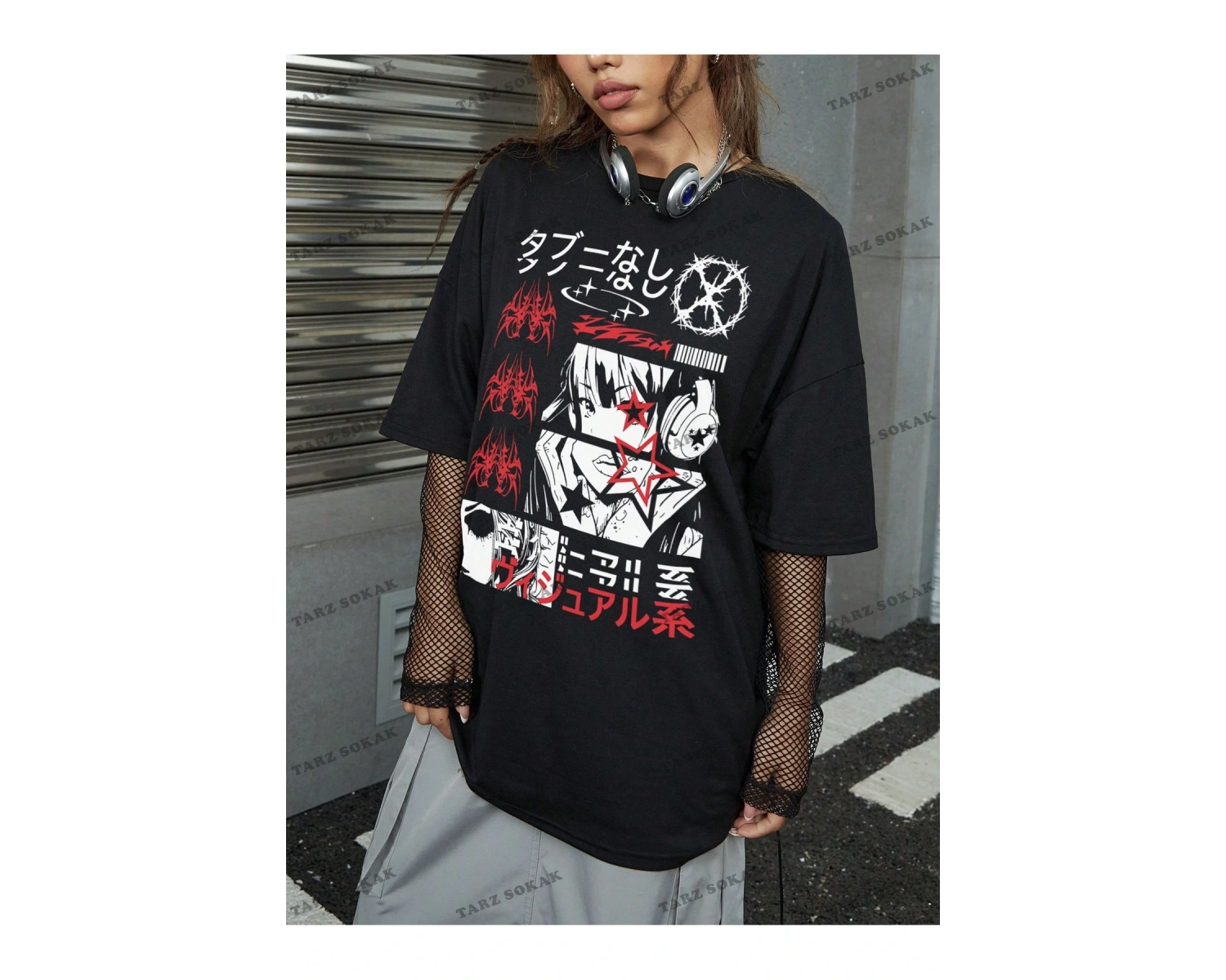 Unisex BAY  Grunge Punk Japon Harf ve Şekil Grafik Damla Omuz Tişört KOD-1344