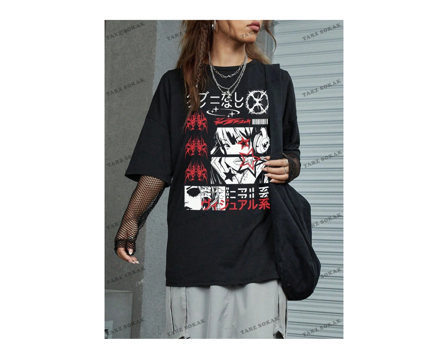 Unisex BAY  Grunge Punk Japon Harf ve Şekil Grafik Damla Omuz Tişört KOD-1344