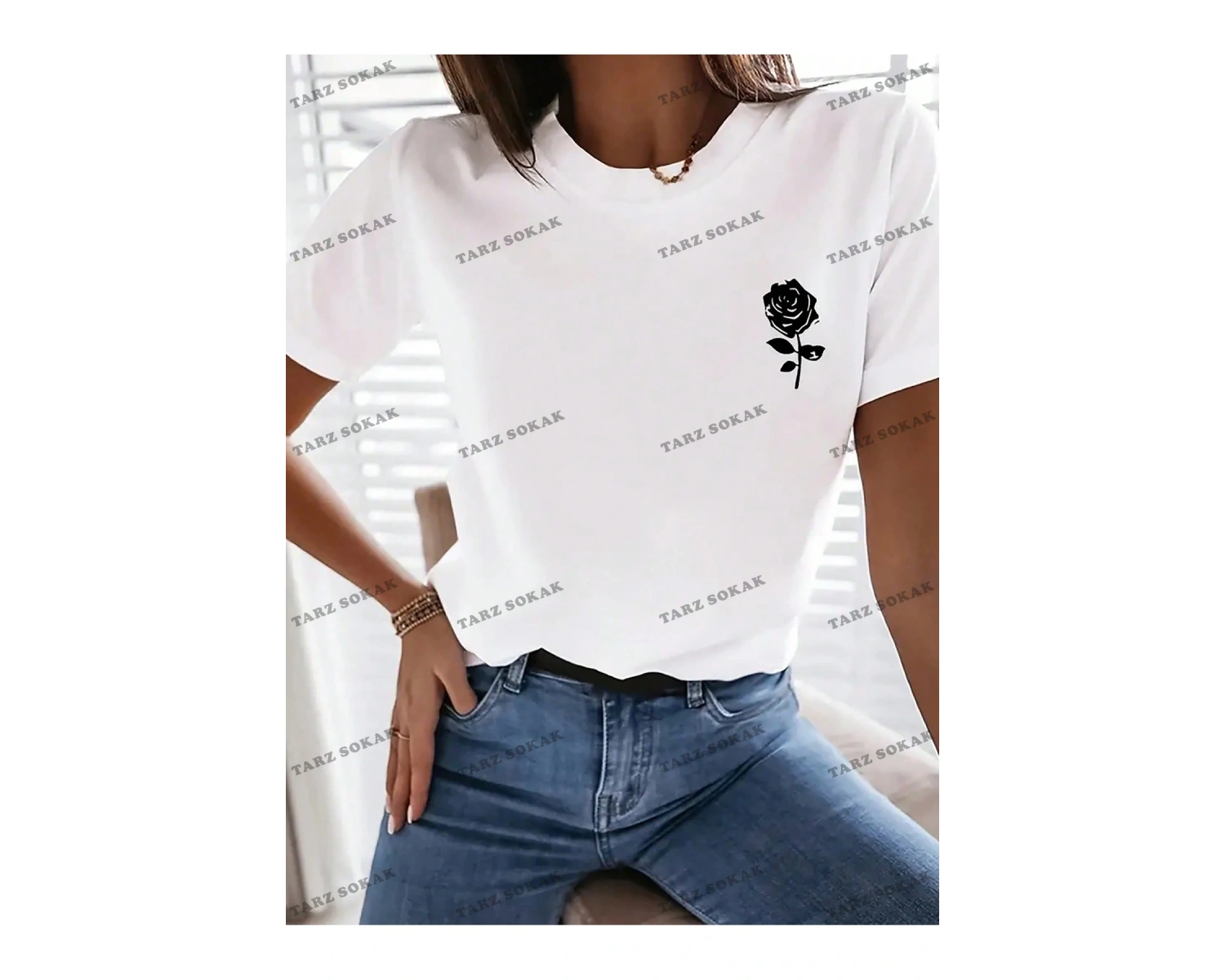 Unisex BAY  Gül Çiçek Desenli Yuvarlak Yaka Kısa Kollu Tişört KOD-1348