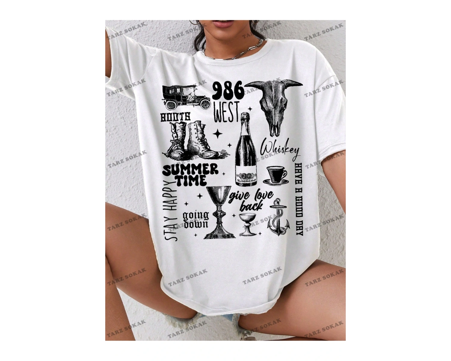 Unisex BAY  Kadın Batı Tarzı Baskılı Kısa Kollu Tişört KOD-1336