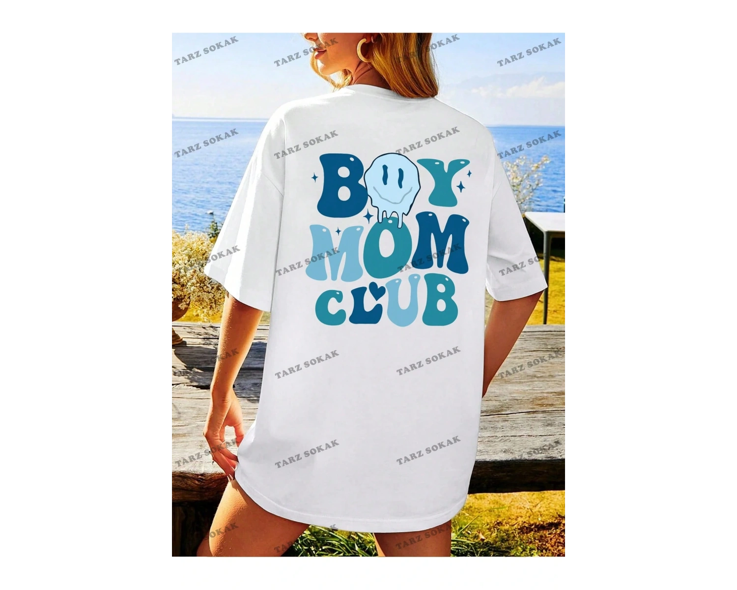 Unisex BAY  Kadın Bol Kesim Karikatür Yüz Desenli Tişört KOD-1359