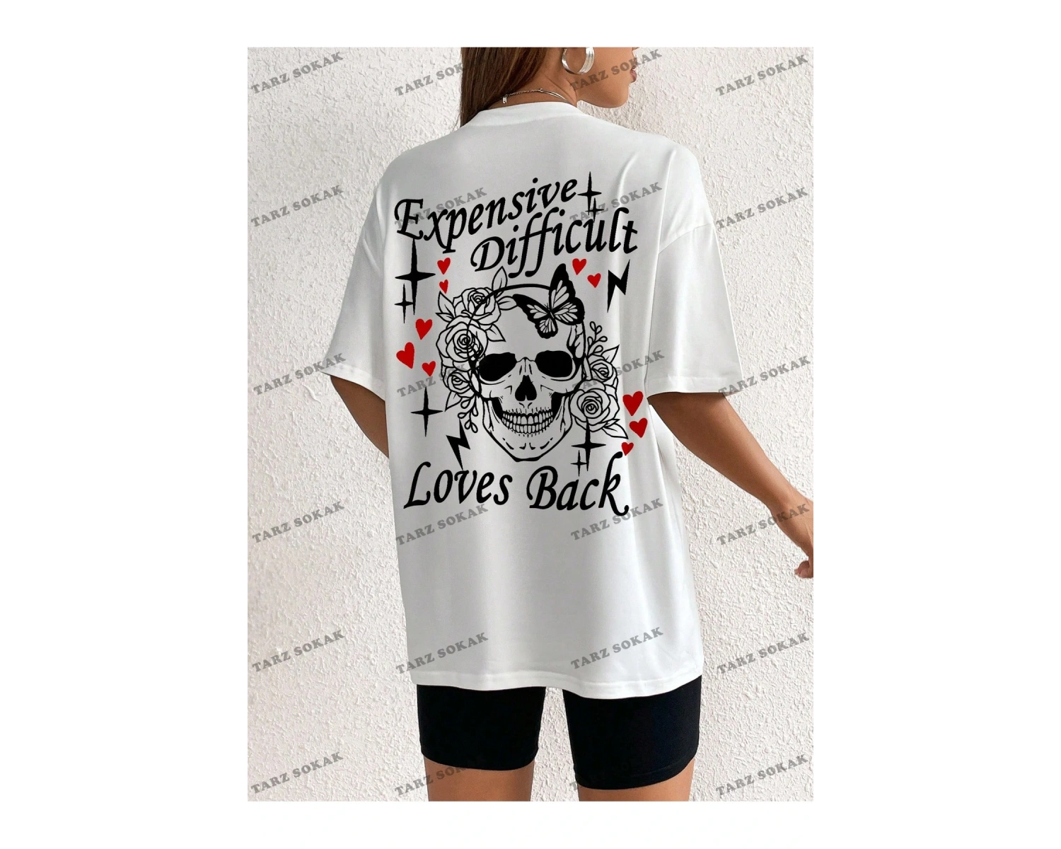 Unisex BAY  Kadın Kafatası Kafalı, Aşk Kalpli ve Harfli Baskılı Tişört KOD-1303