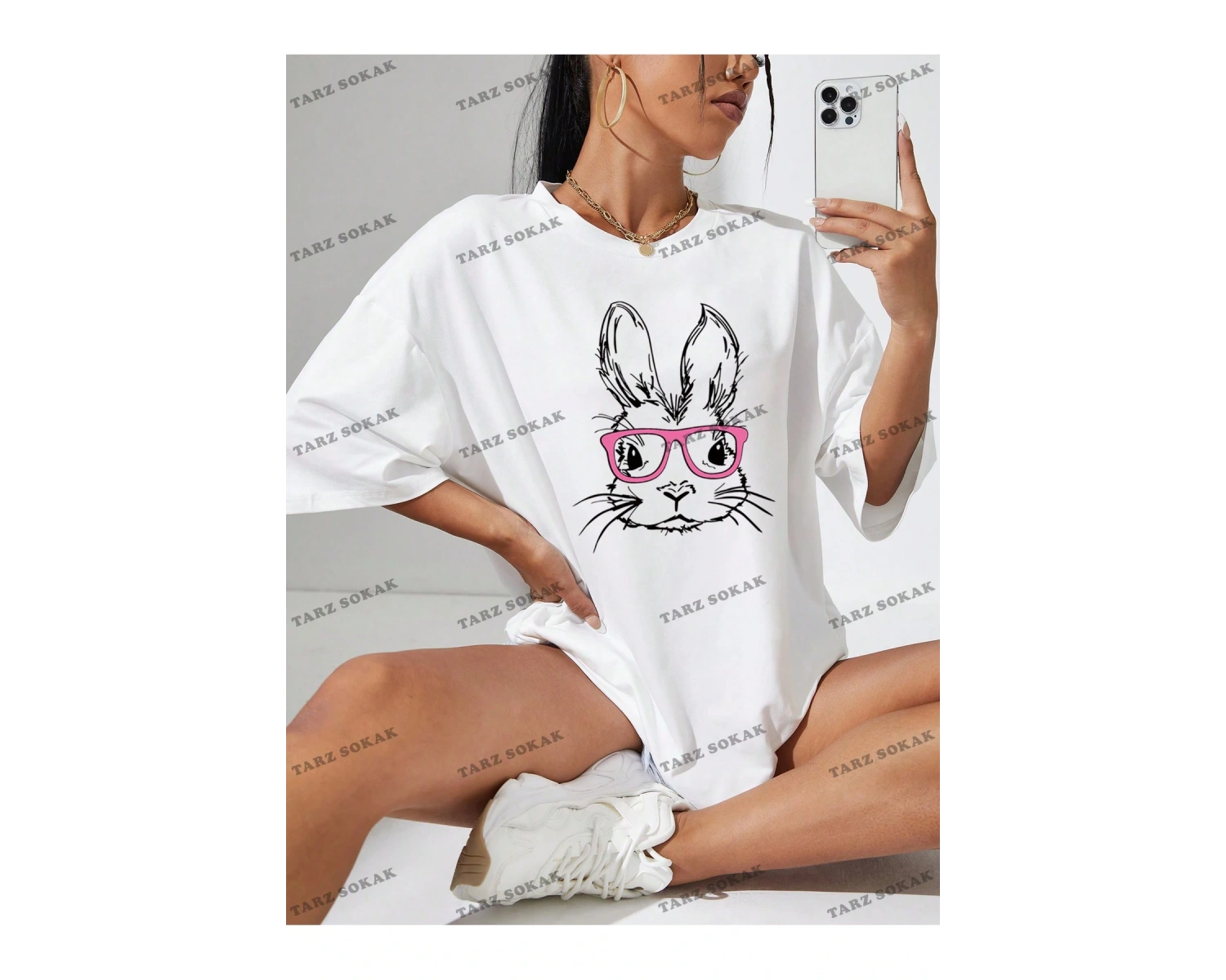 Unisex BAY  Kadın Karikatür Tavşan Baskılı Bol Kesim Tişört KOD-1354