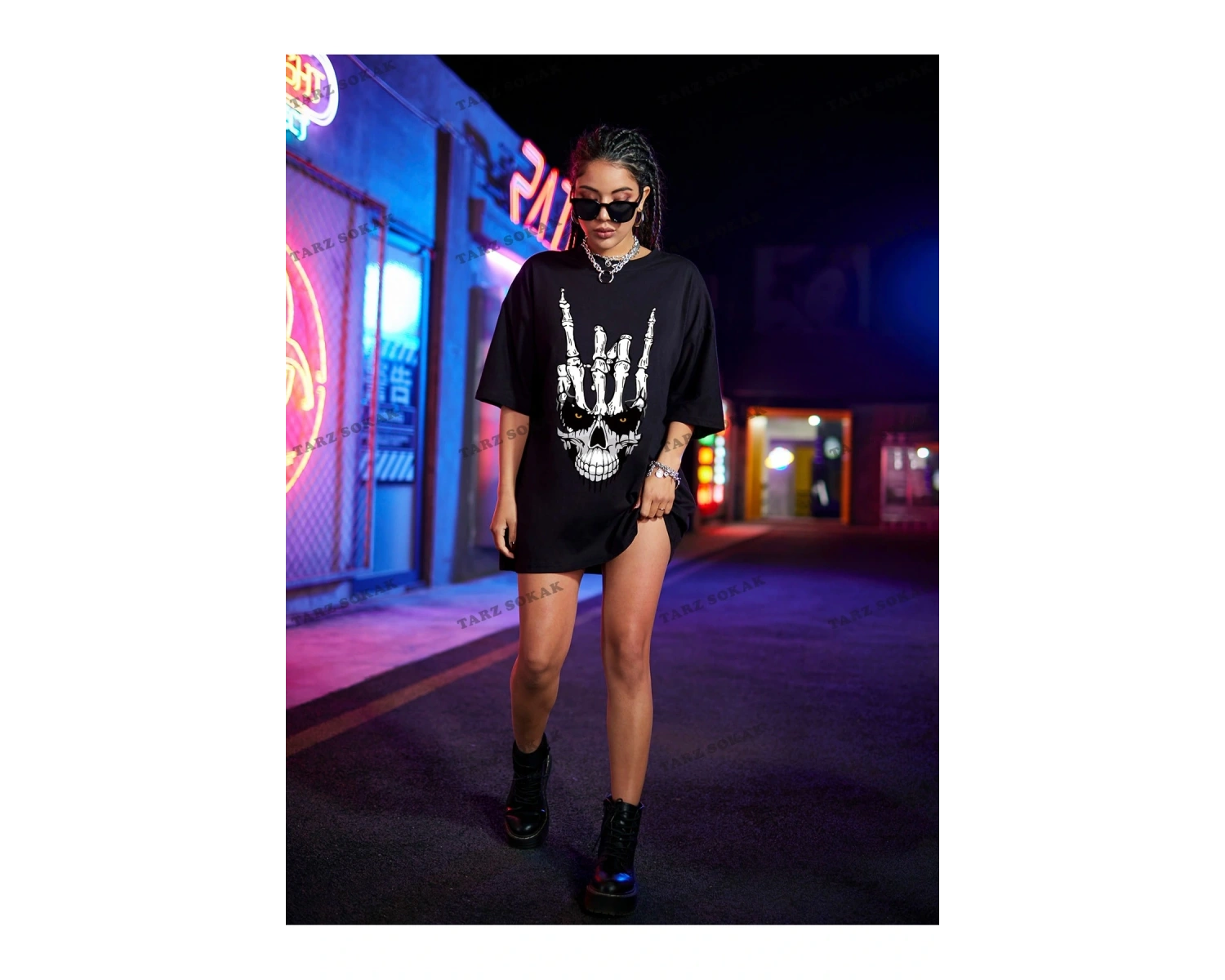 Unisex BAY  Kafatası Baskılı Düşük Omuzlu Büyük Boy Tişört KOD-1329