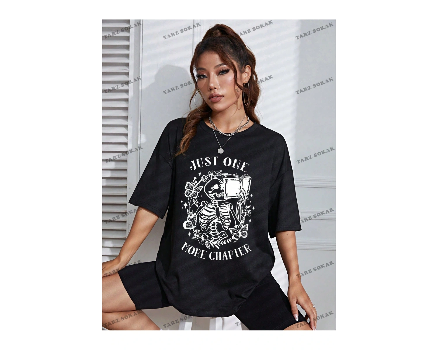 Unisex BAY  Kafatası ve Slogan Grafikli Düşük Omuzlu Tişört KOD-1332