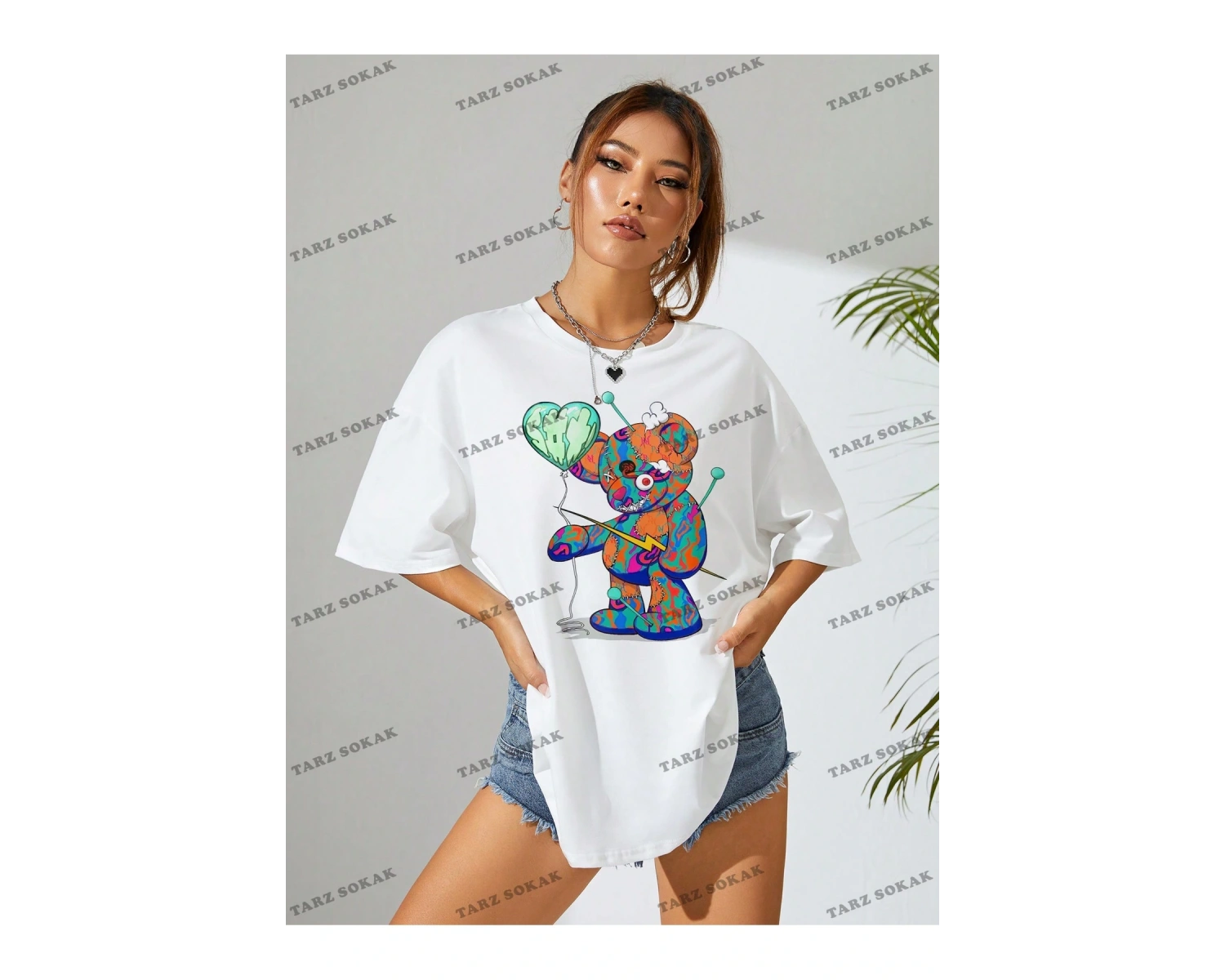 Unisex BAY  Karikatür Ayı Baskı Damla Omuz Büyük Boy Tişört KOD-1375