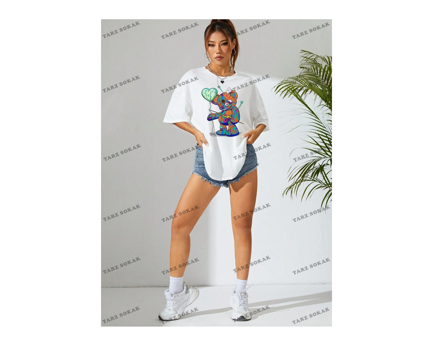 Unisex BAY  Karikatür Ayı Baskı Damla Omuz Büyük Boy Tişört KOD-1375