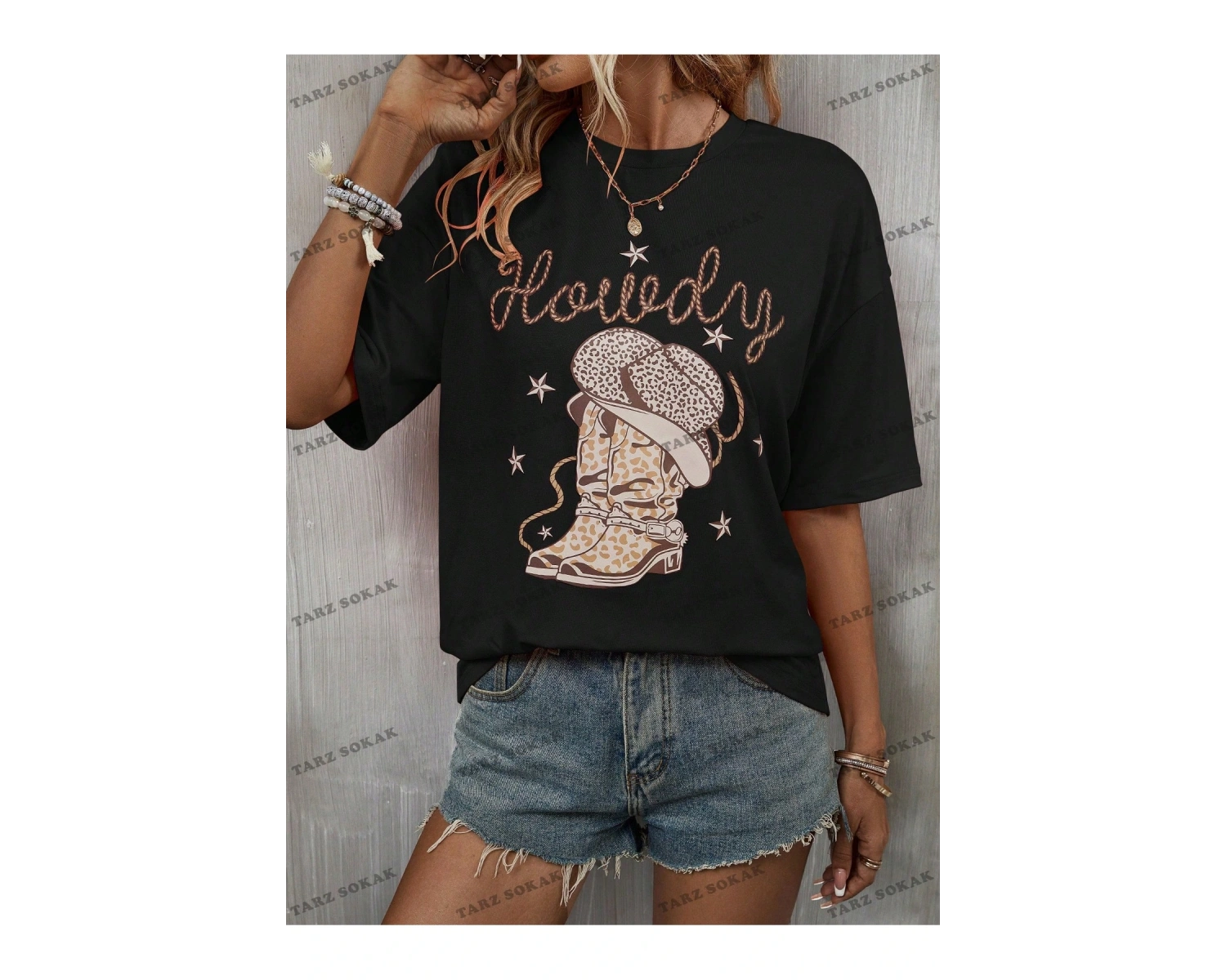 Unisex BAY  Mektup ve Şapka Desenli Damla Omuz Tişört KOD-1326