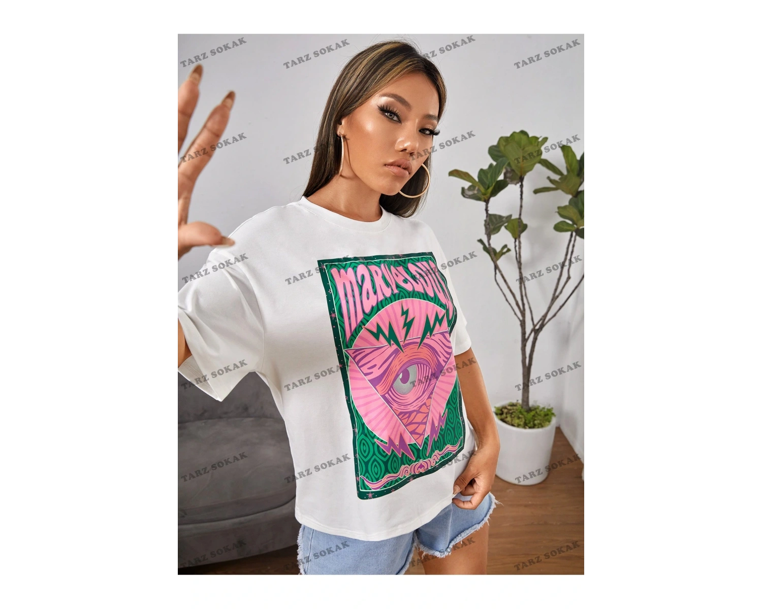 Unisex BAY  PETITE Göz ve Harf Grafik Damla Omuz Yazlık Giysiler Tişört KOD-1314