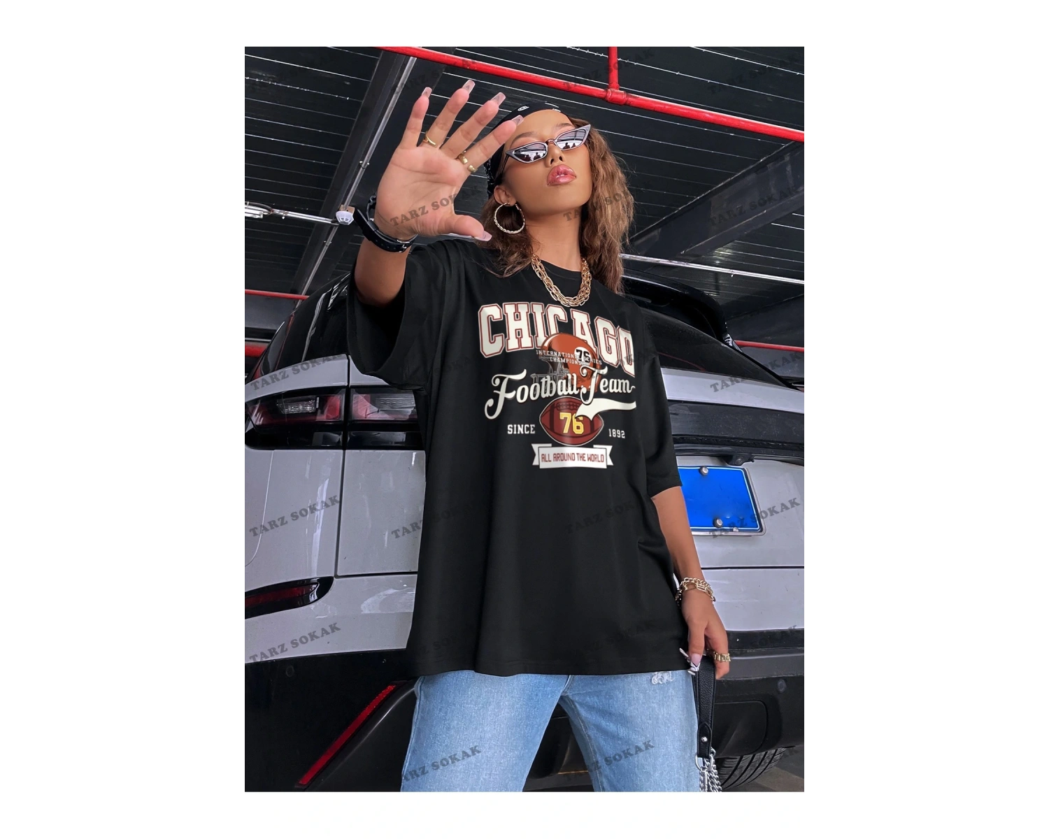 Unisex BAY  Rugby ve Slogan Grafikli Düşük Omuzlu Oversize Tişört KOD-1389