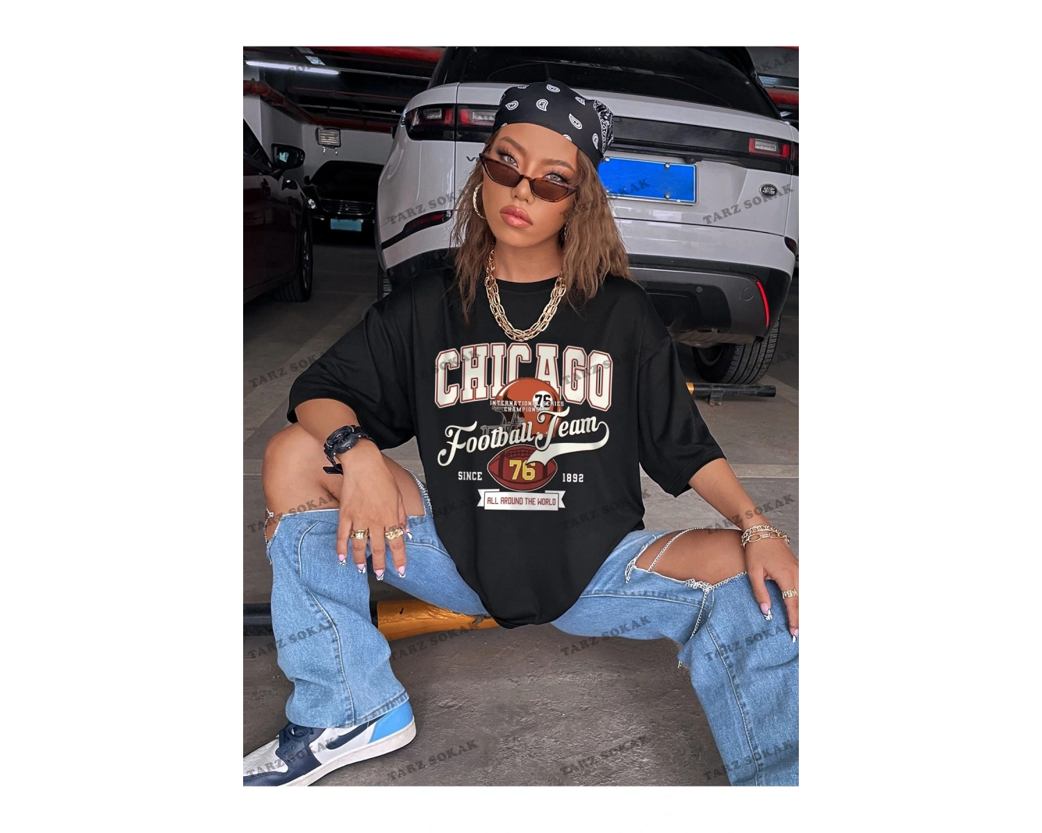 Unisex BAY  Rugby ve Slogan Grafikli Düşük Omuzlu Oversize Tişört KOD-1389