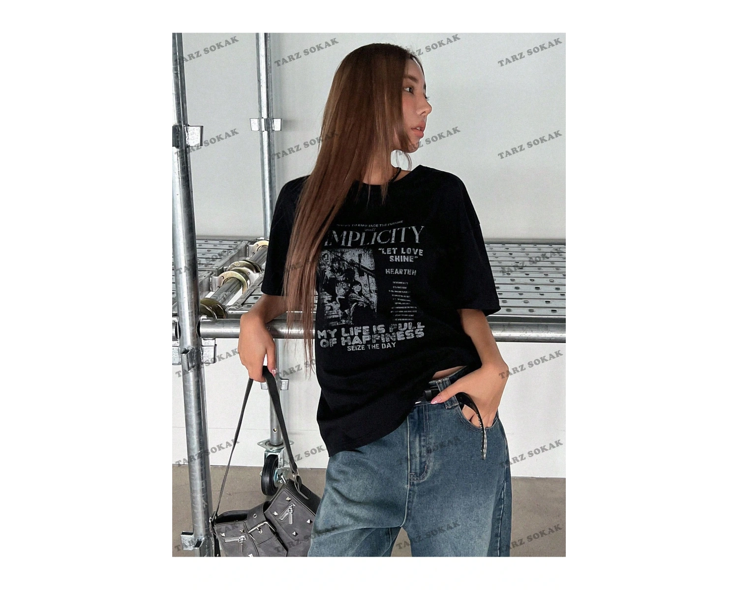 Unisex BAY  Sloganlı Grafik Düşük Omuz Tişört KOD-1378