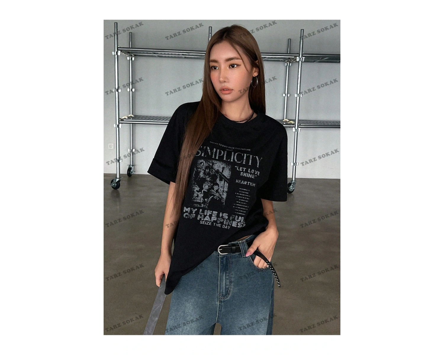 Unisex BAY  Sloganlı Grafik Düşük Omuz Tişört KOD-1378