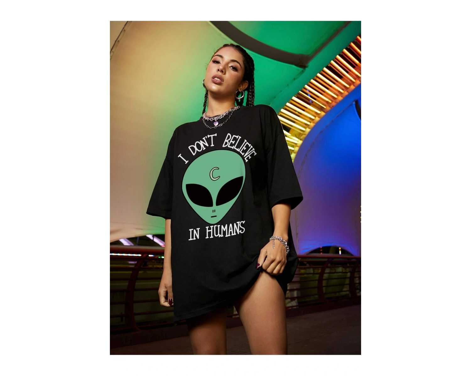 Unisex BAY  Uzaylı ve Slogan Grafikli Büyük Boy Tişört KOD-1323