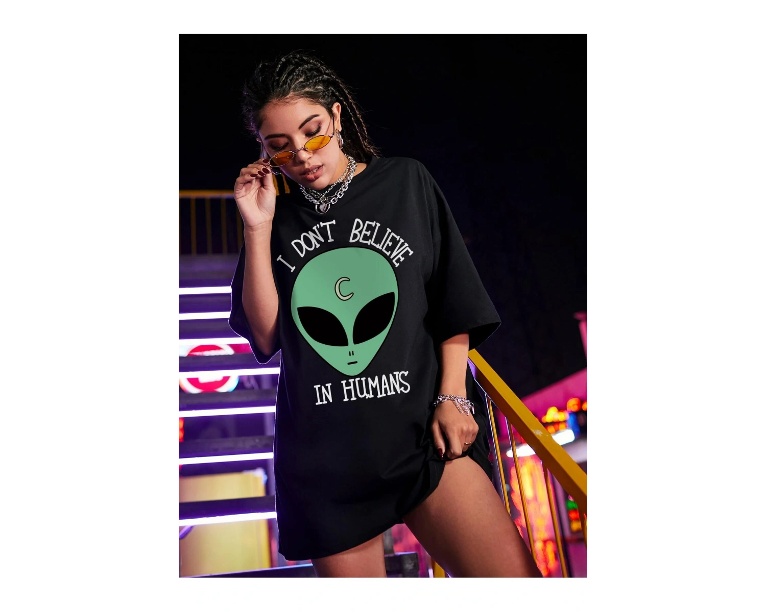 Unisex BAY  Uzaylı ve Slogan Grafikli Büyük Boy Tişört KOD-1323