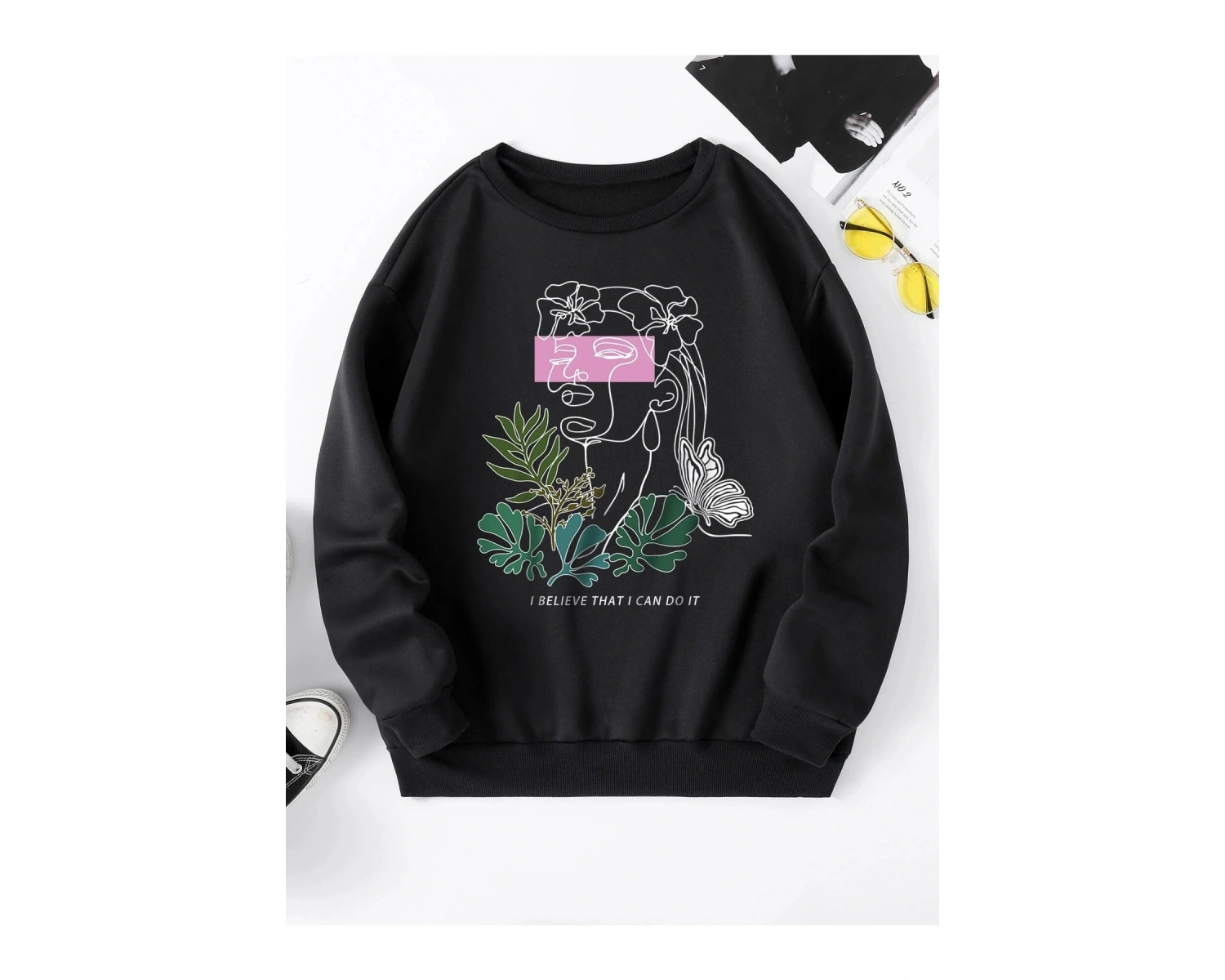 Unisex Belief Baskılı Oversize Bisiklet Yaka Sweatshirt Siyah