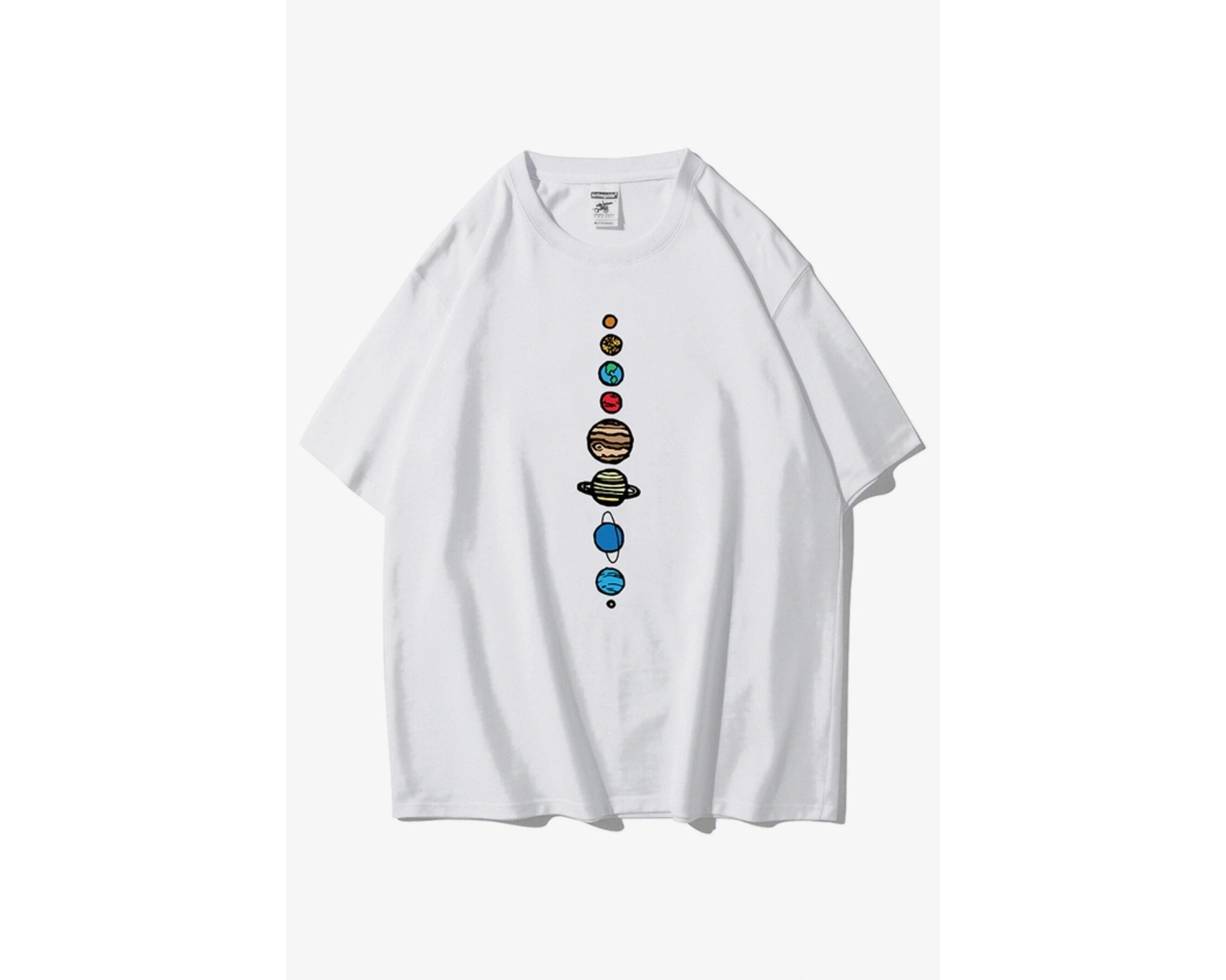 Unisex Beyaz 9 Gezegen Baskılı Oversize Bisiklet Yaka Tshirt