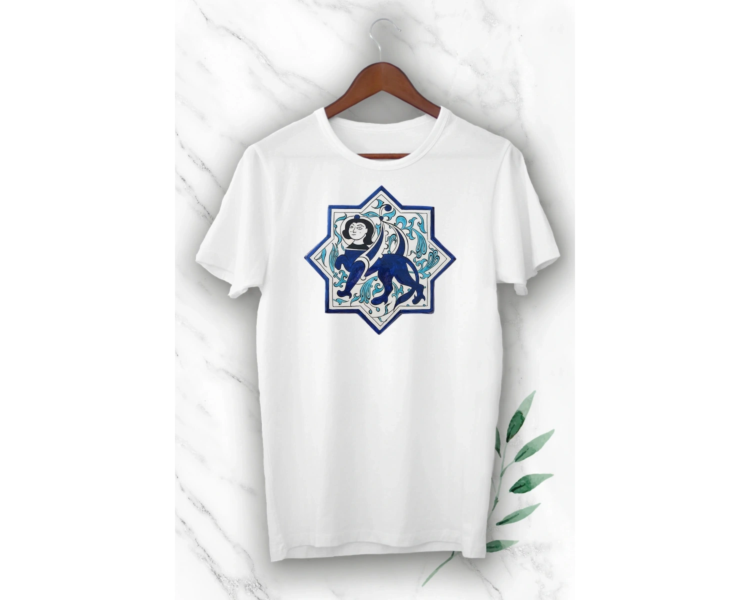 Unisex Beyaz Anadolu Selçuklu Aslan Başlı İnsan Figürü Baskılı T-shirt