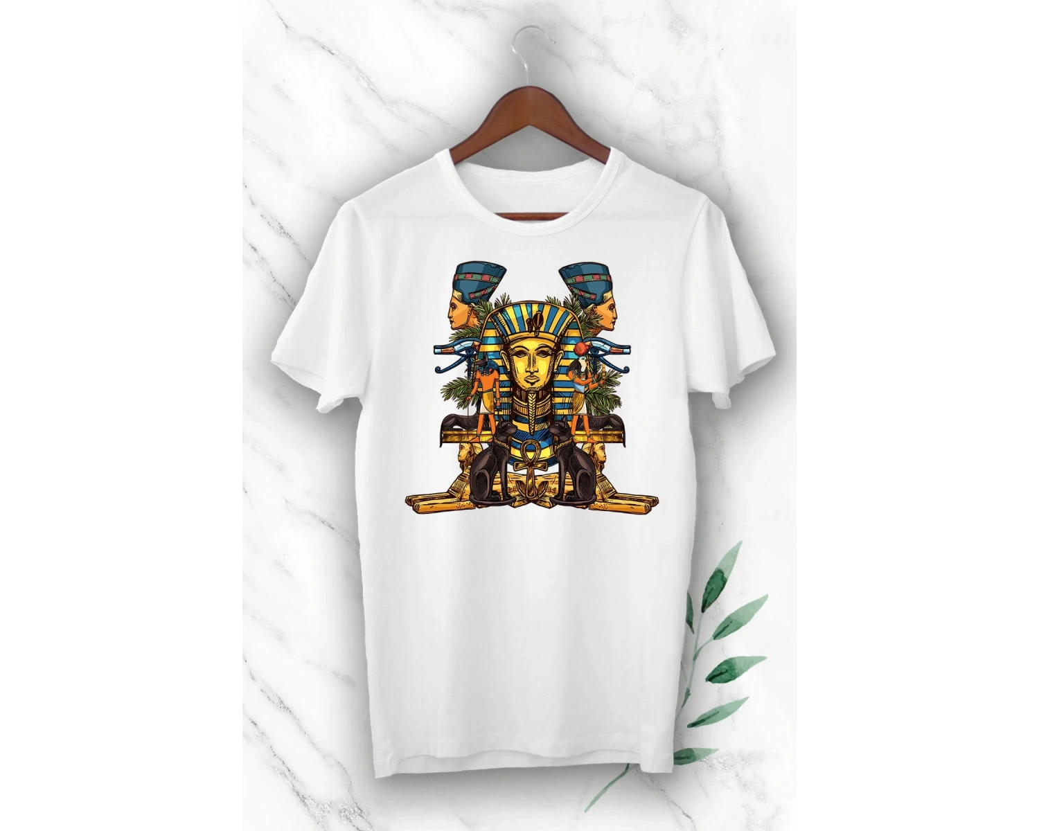 Unısex Beyaz Antik Mısır Egypt Firavun Baskılı  Tişört