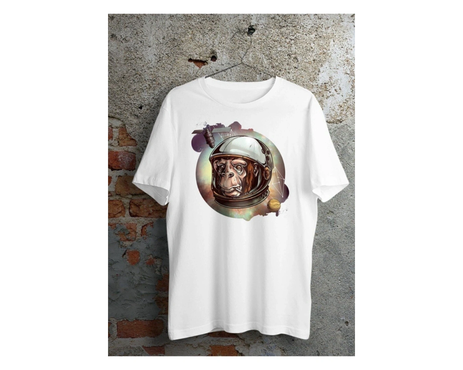 Unisex Beyaz Astronot Maymun Baskılı Oversize Bisiklet Yaka Tişört