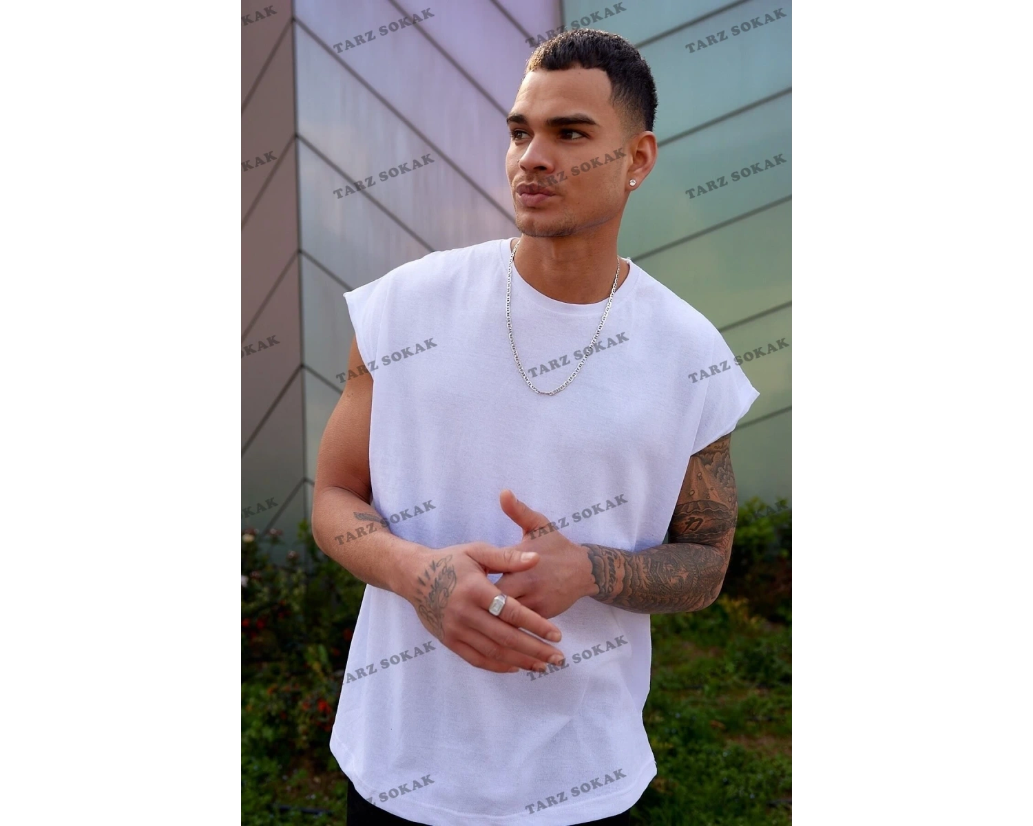 Unisex Beyaz Basketçi Sıfır Kol Bisiklet Yaka Oversize Salaş Basic Kolsuz