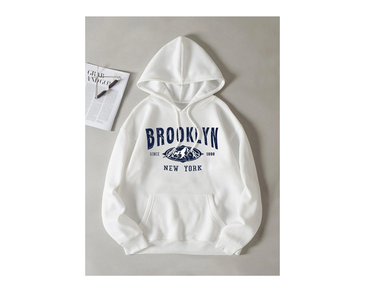Unisex Beyaz Brooklyn Baskılı Kapüşonlu Sweatshirt