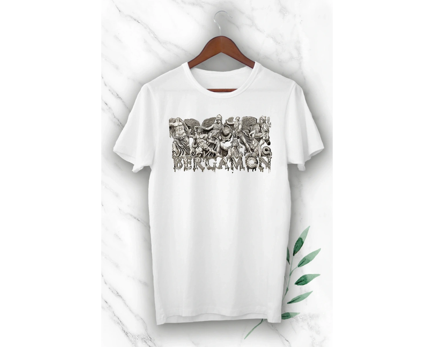 Unısex Beyaz Mitoloji Antik Kent Bergamon Baskılı T-Shirt