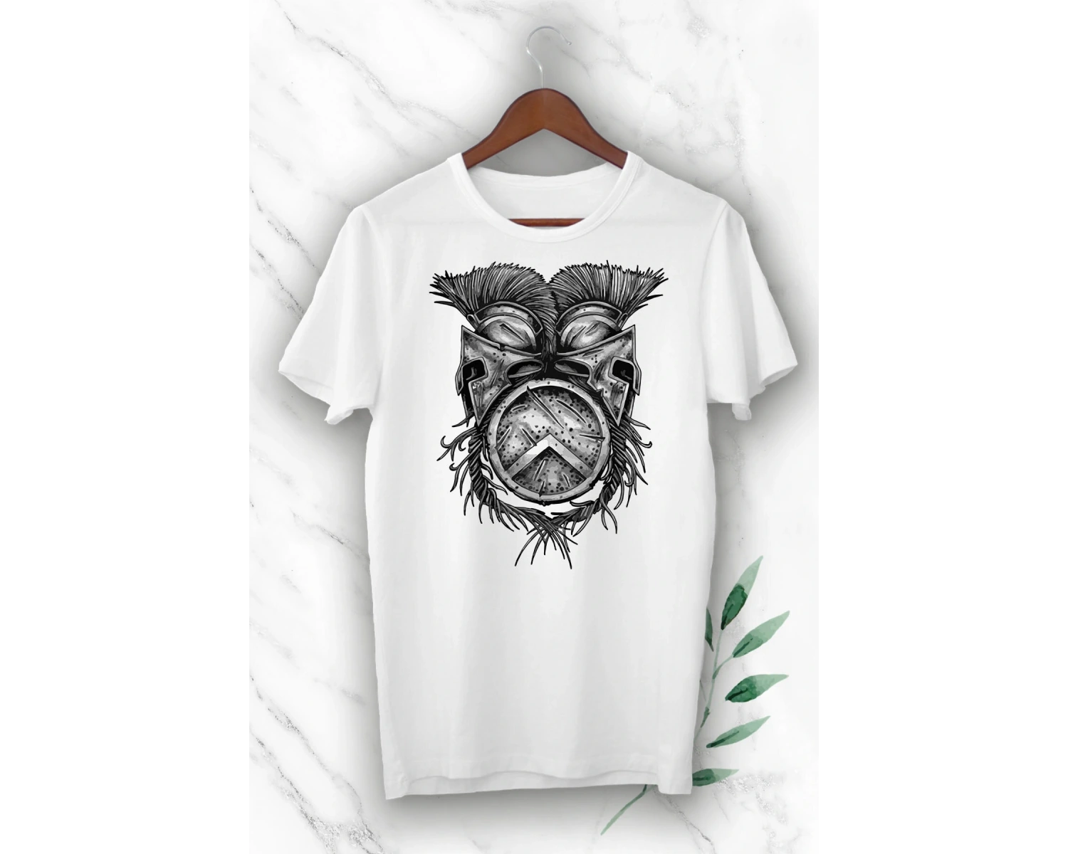 Unisex Beyaz Mitoloji Gladyatör Miğfer Baskılı Tişört