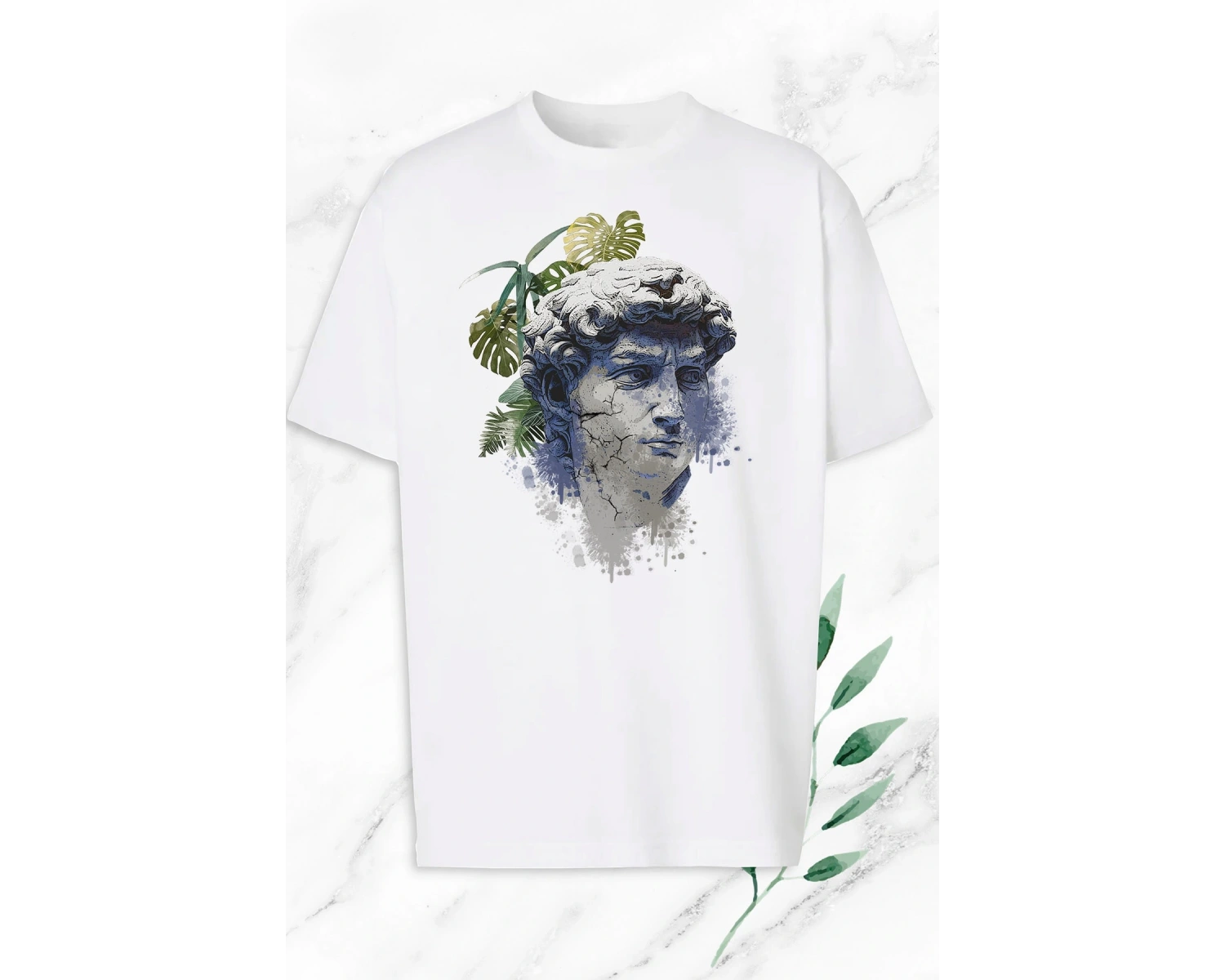 Unisex Beyaz Mitoloji Heykel Baskılı Oversize T-shirt