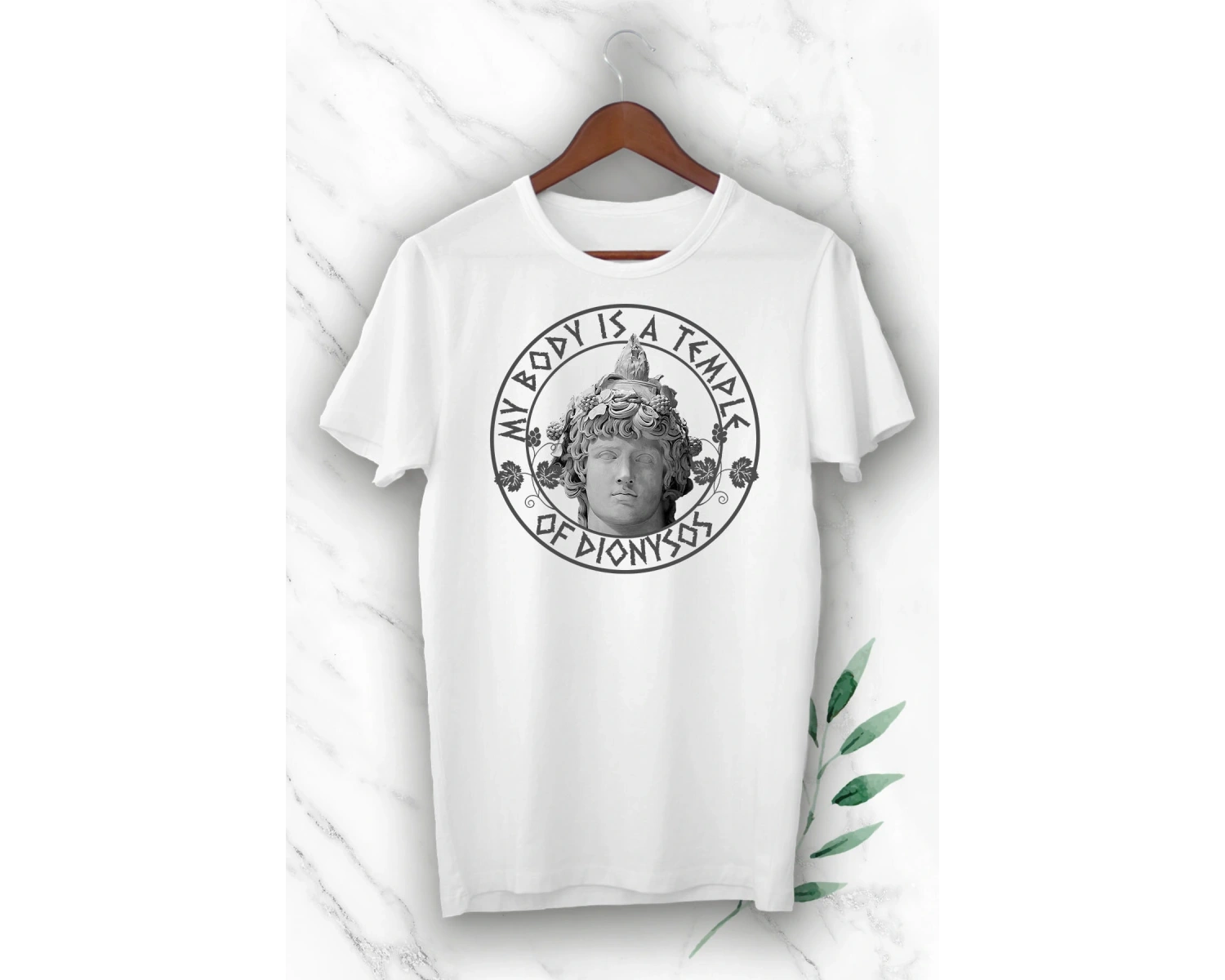 Unısex Beyaz Mitoloji Şarap Tanrısı Dionysos Heykel Baskılı Tişört