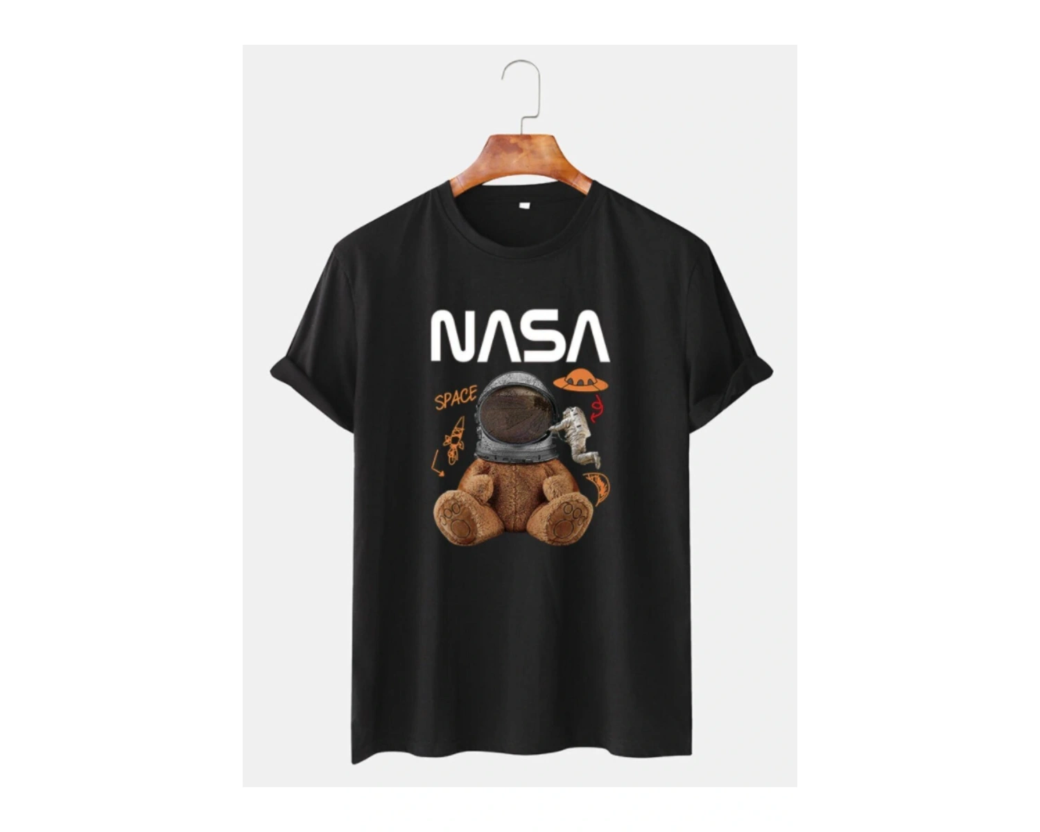 Unisex Beyaz Nasa Uzaylı Ayıcık Baskılı Bisiklet Yaka Oversize Tişört