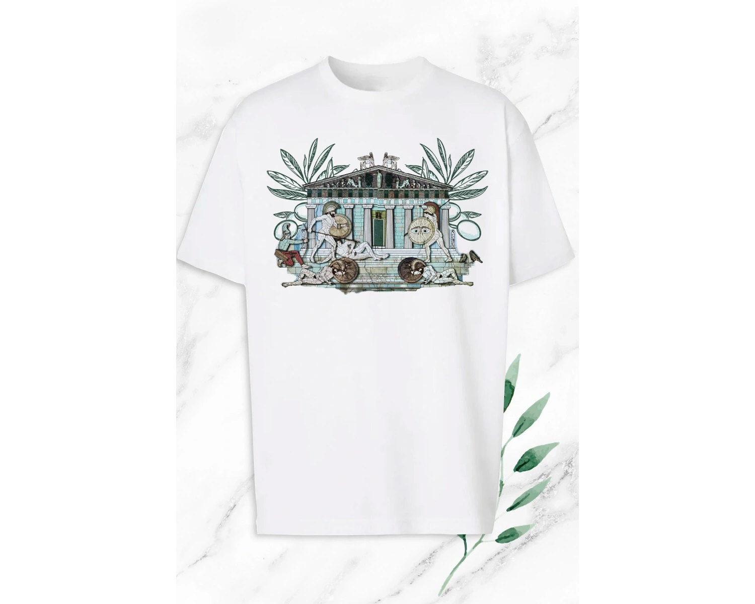 Unisex Beyaz Oversize Mitoloji Antik Kent Baskılı Tişört