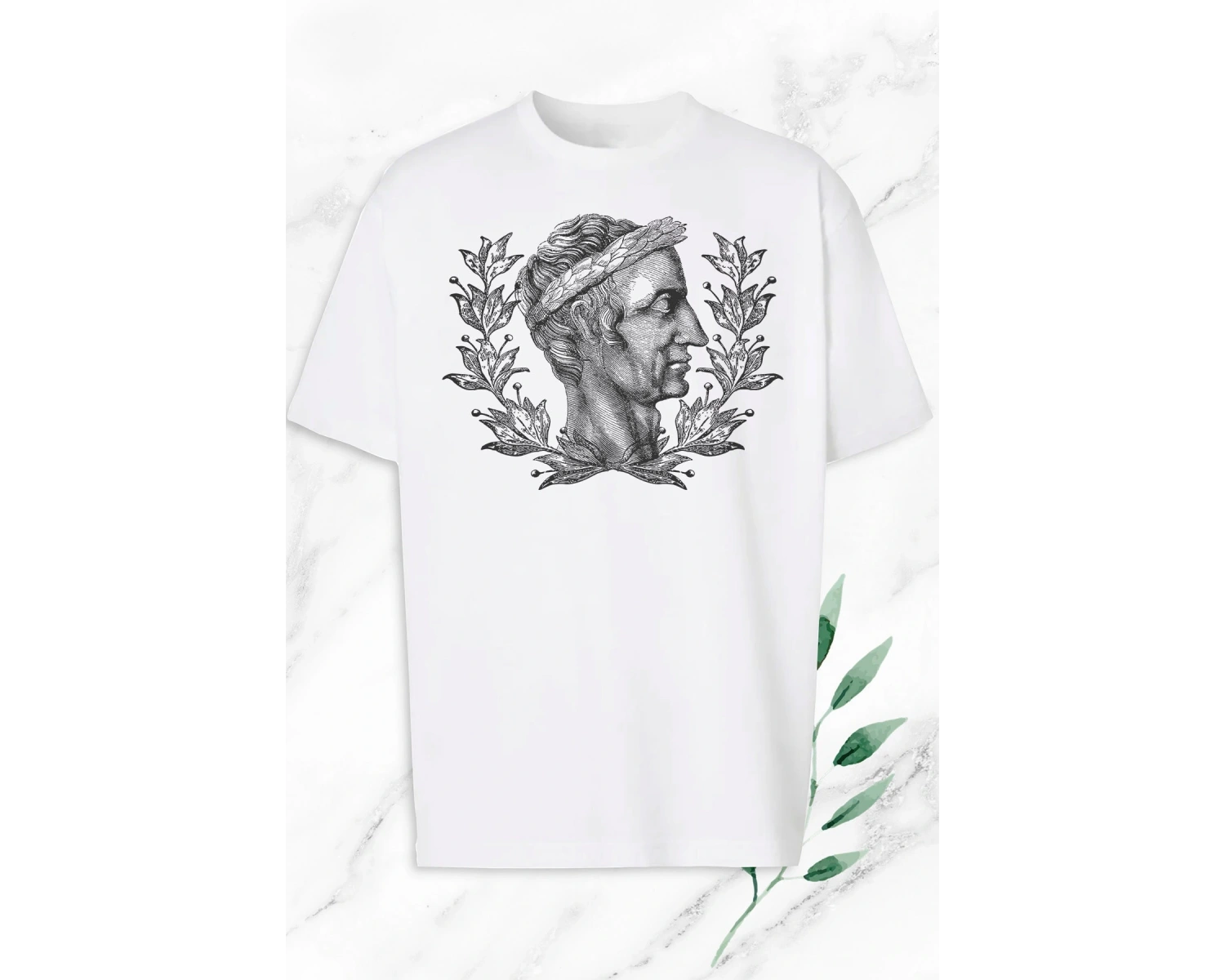 Unisex Beyaz Oversize Mitoloji Jül Sezar Heykel Baskılı Tişört