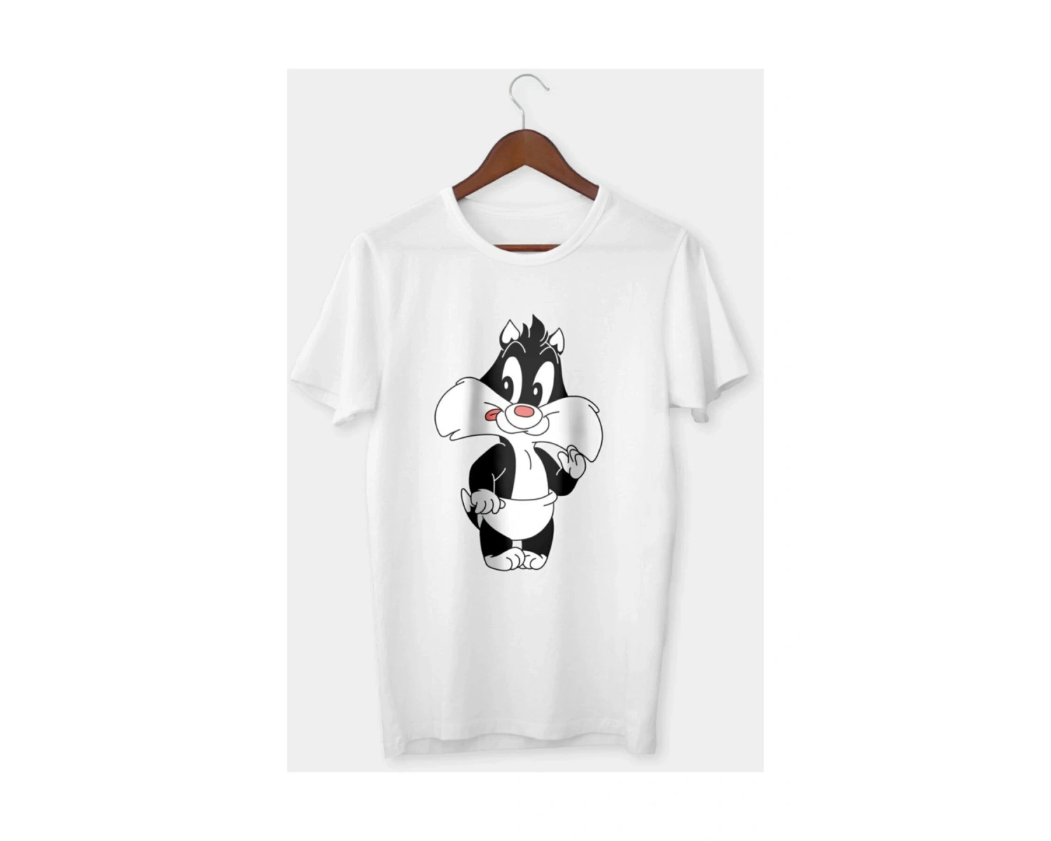 Unisex Beyaz Sylvester Baskılı T-shirt