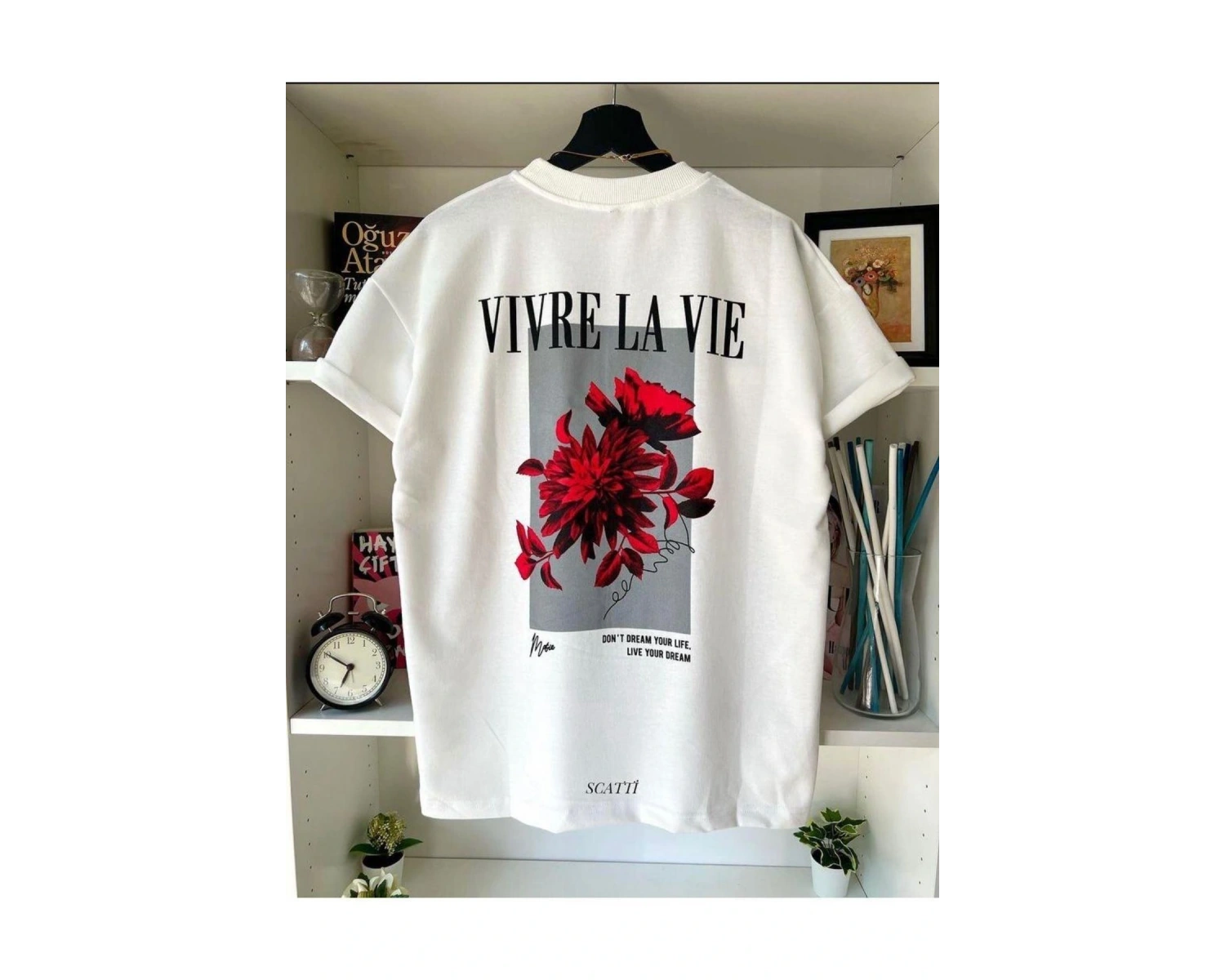 Unisex Beyaz Vivre La Vie Baskılı Oversize Bisiklet Yaka Penye Tişört