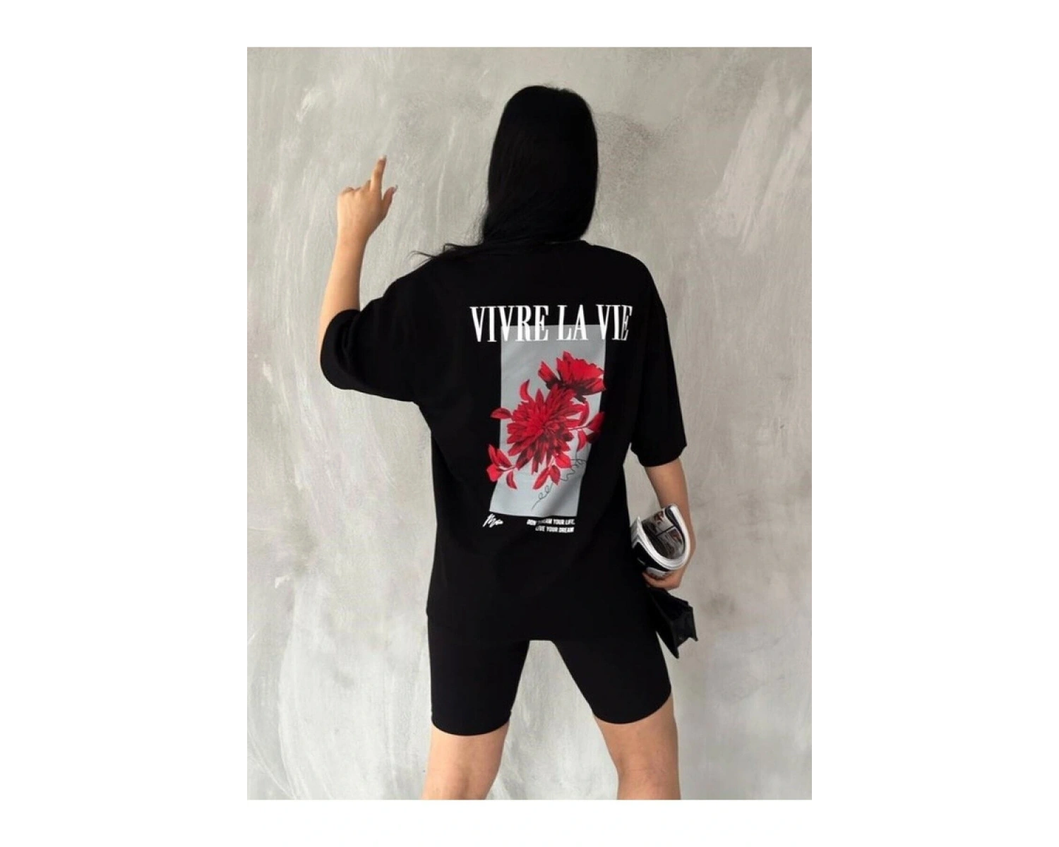 Unisex Beyaz Vivre La Vie Baskılı Oversize Bisiklet Yaka Penye Tişört