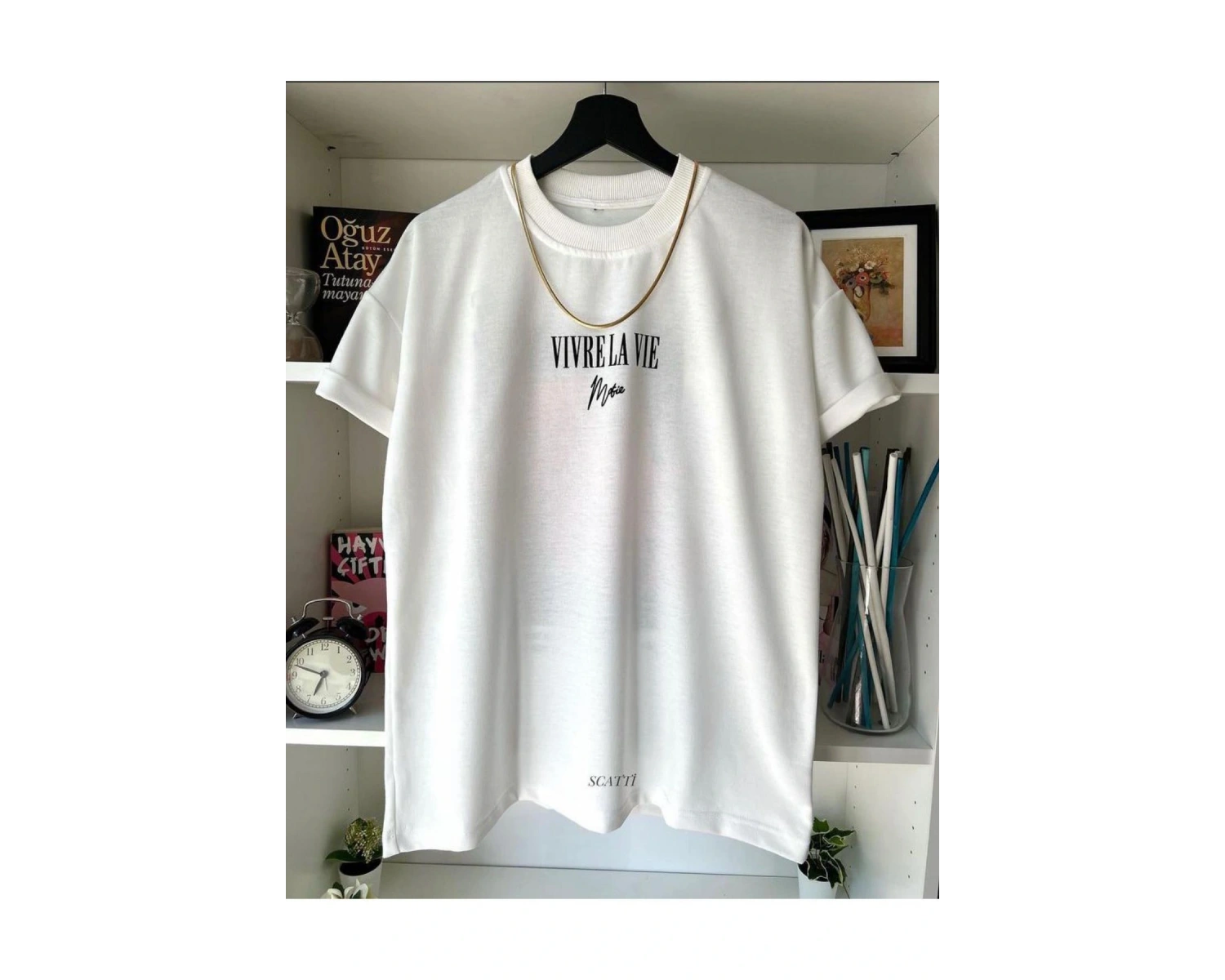 Unisex Beyaz Vivre La Vie Baskılı Oversize Bisiklet Yaka Penye Tişört