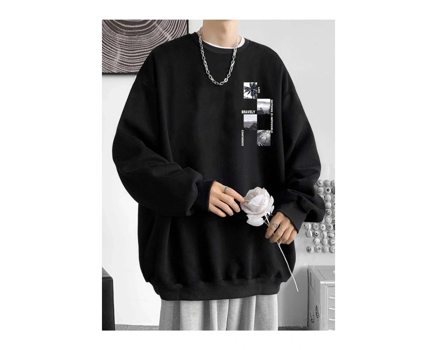 Unisex Bravely Baskılı Oversize Bisiklet Yaka Sweatshirt Siyah