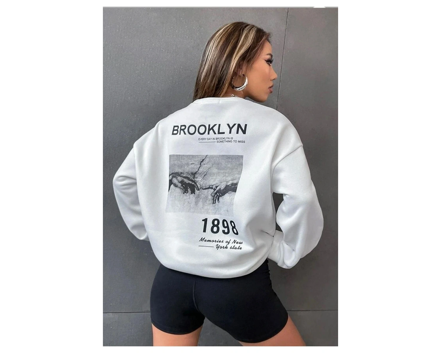 Unisex Brooklyn Baskılı Bisiklet Yaka Sweatshirt Beyaz